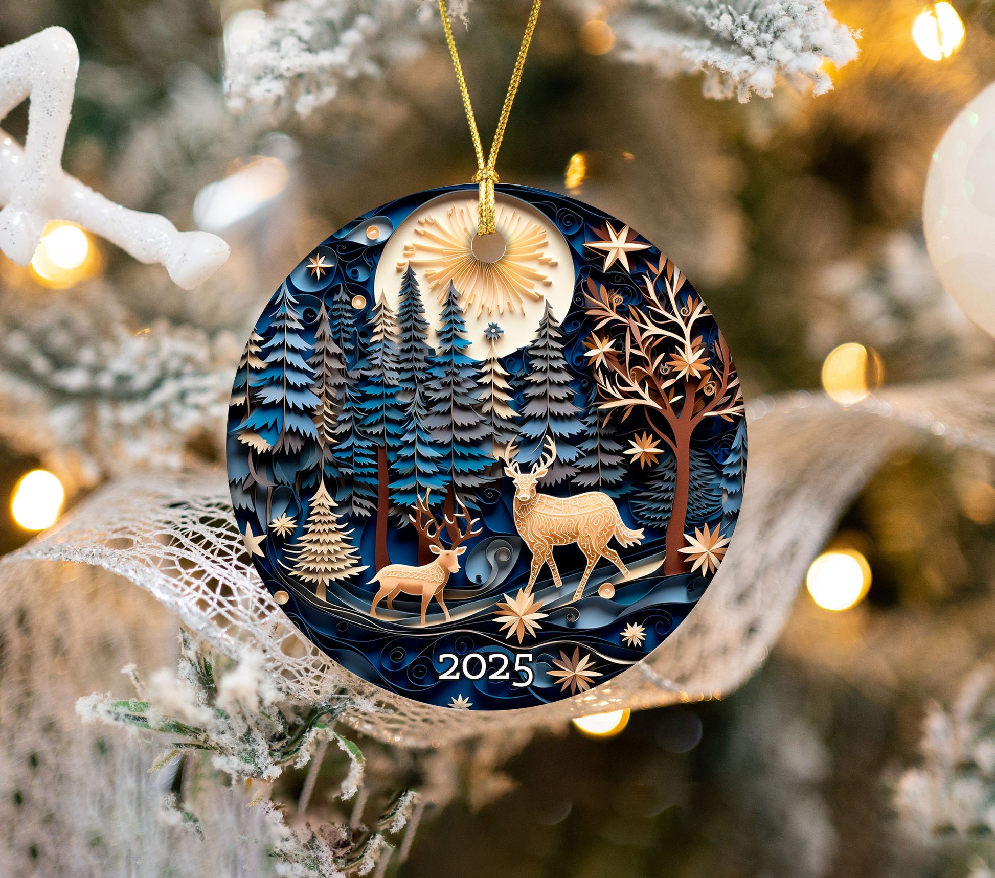 Forest Deer Layered Paper Art Christmas Ornament, Holiday Decor, Woodland Gift Exchanged