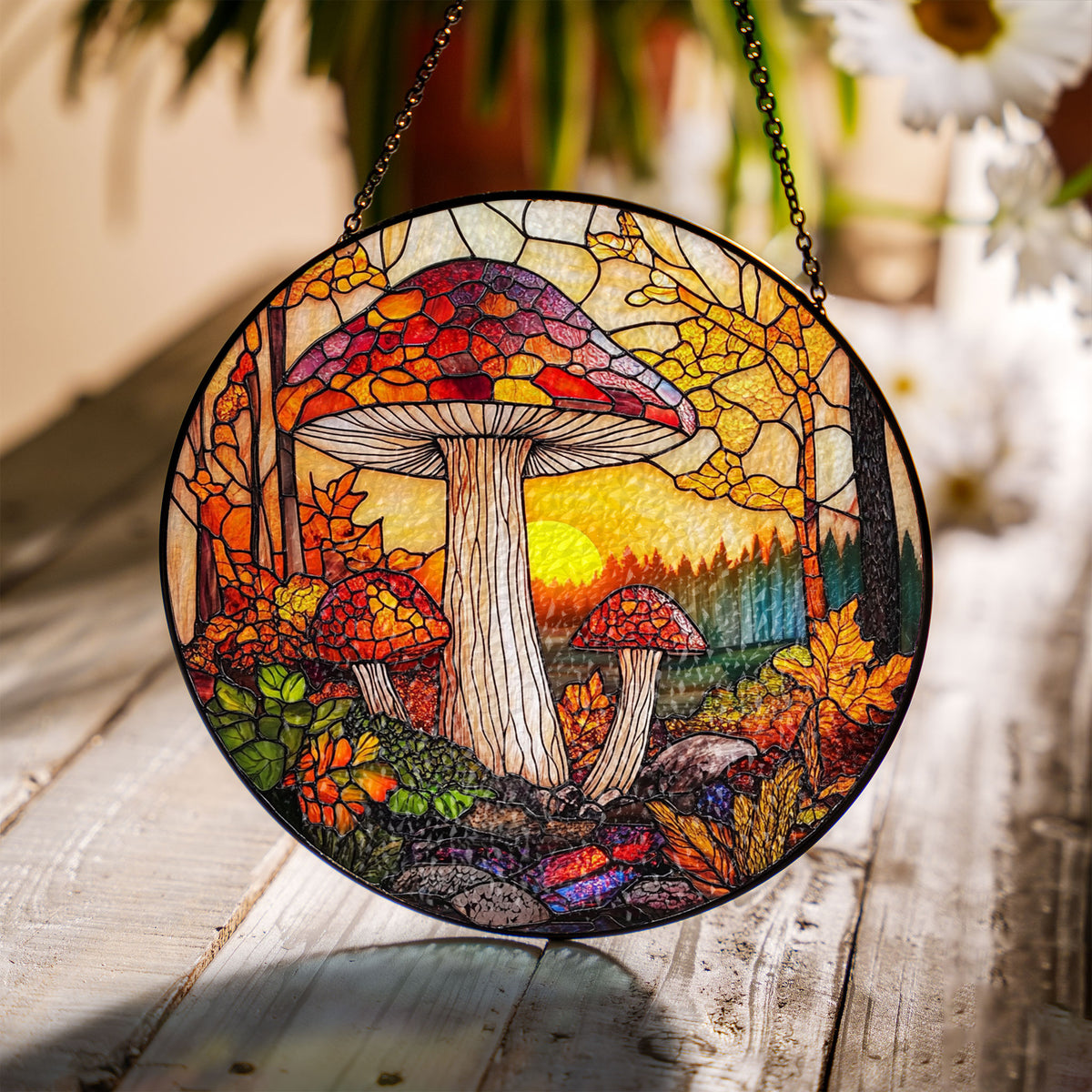 Sunset Mushroom Suncatcher, Window Stained Glass Style, Mushrooms for Home Decoration