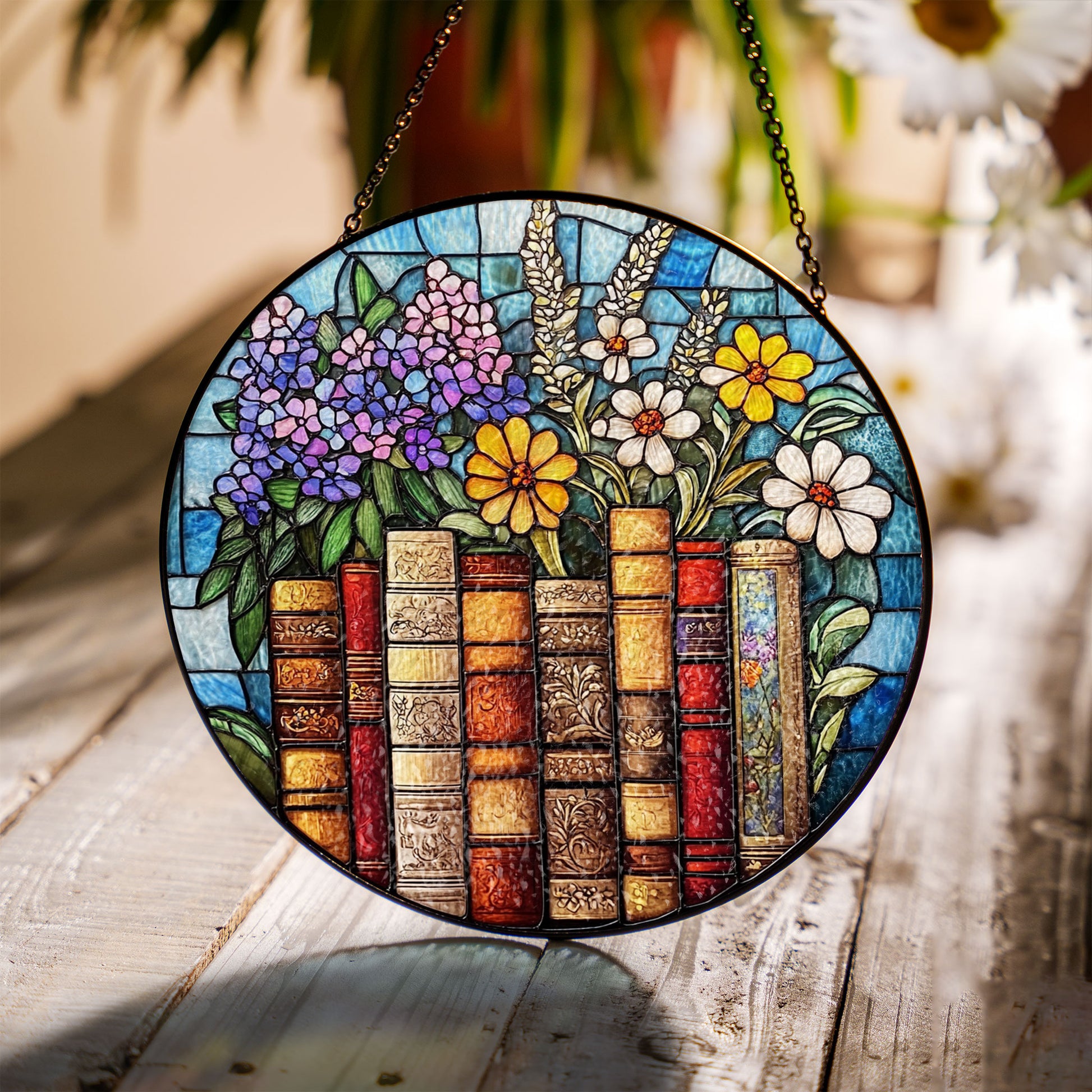 Book Flower Window Stained Glass Style, Suncatcher Window Hanging, Bookish Gift