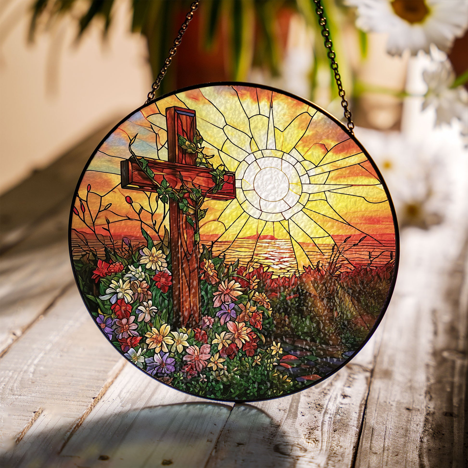 Cross Sunset Window Glass, Suncatcher Window Hanging