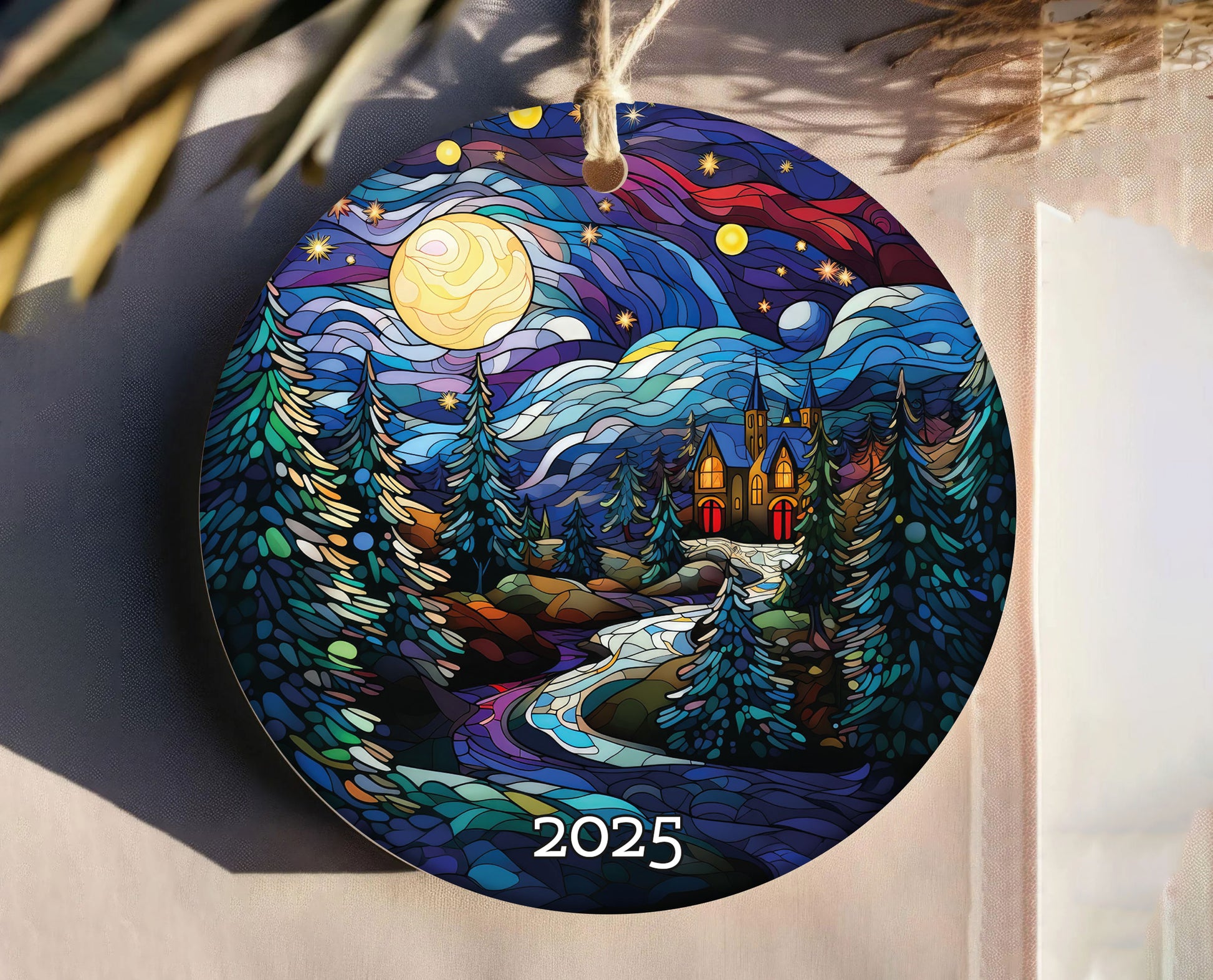 The Night Moon Church Christmas Tree Ornament, Stained Glass Style Ornament, Gift Exchange, Gift Idea, Xmas Church