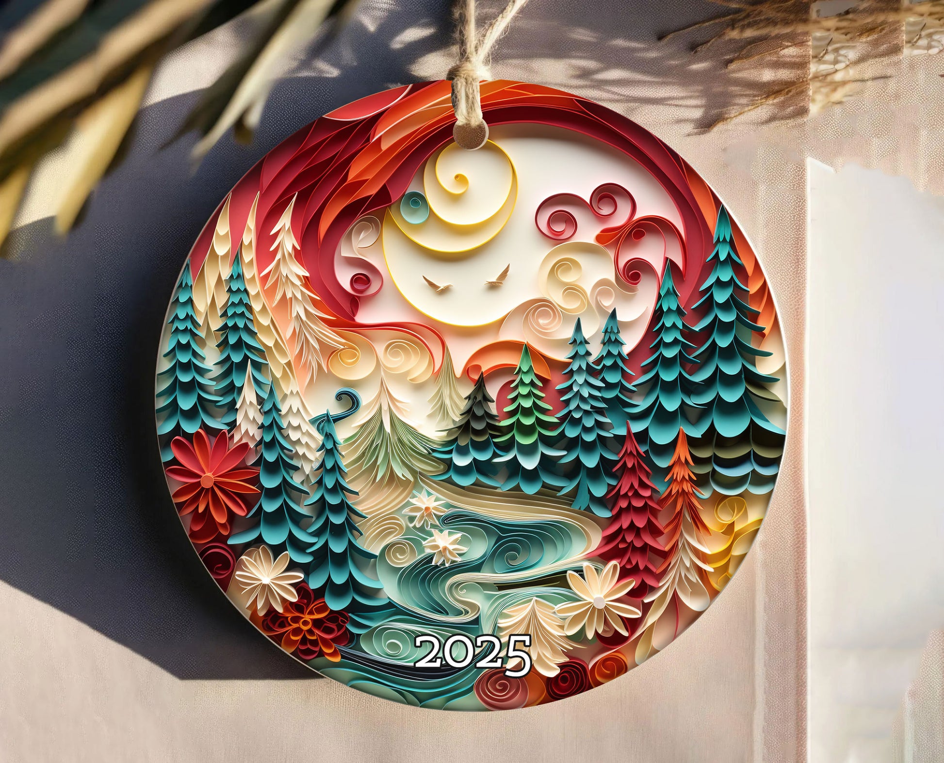 Vibrant Woodland Scene Artistic Christmas Ceramic Ornament