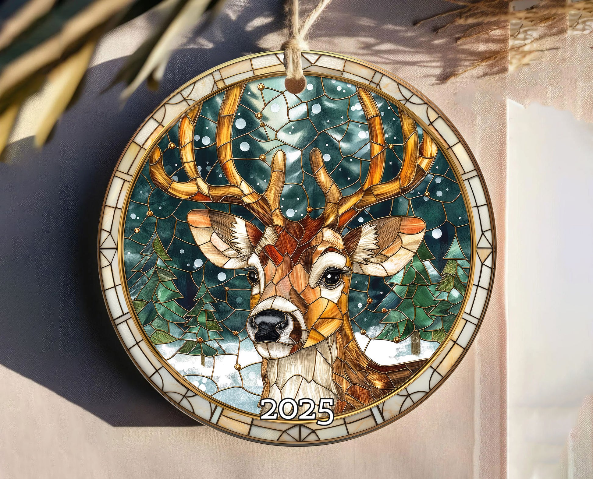 Rustic Deer Stained Glass Ornament, Perfect Gift Exchange, Christmas Tree Decoration