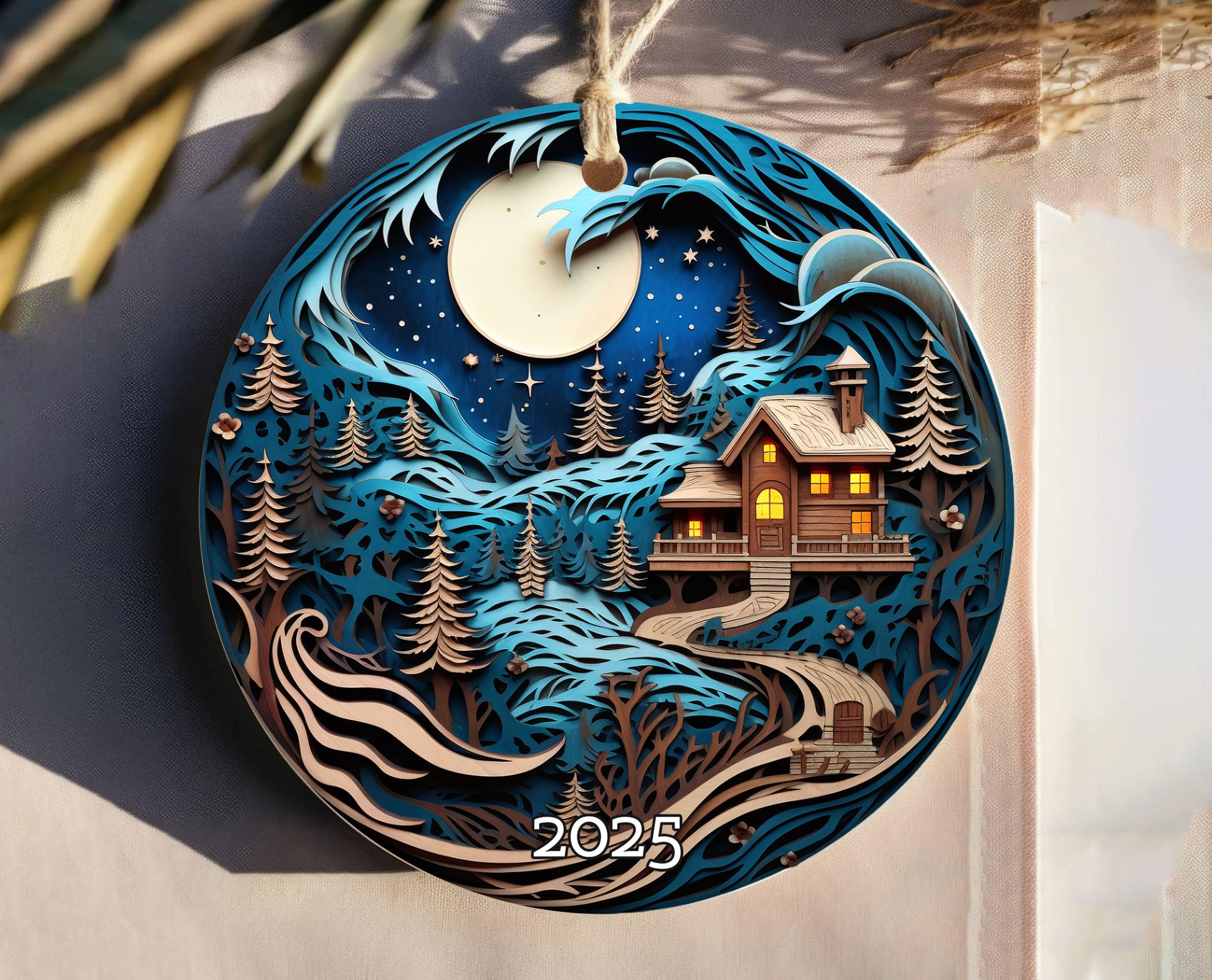 Moonlit Cabin in Snowy Forest Christmas Ornament, Holiday Decor