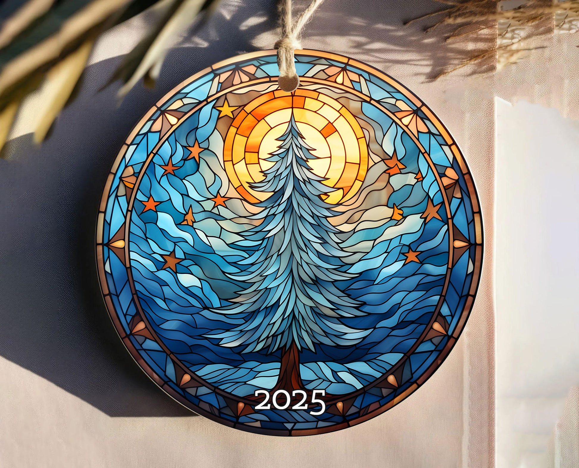 Christmas Tree Blue Tone Stained Glass Style Ceramic Ornament, Holiday Gift Exchanged