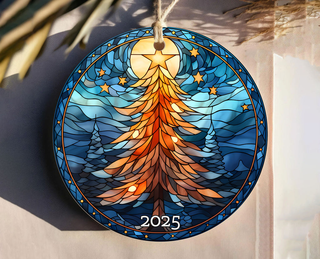 Christmas Tree Stained Glass Style Ceramic Ornament, Family Gift Exchanged, Holiday Decor