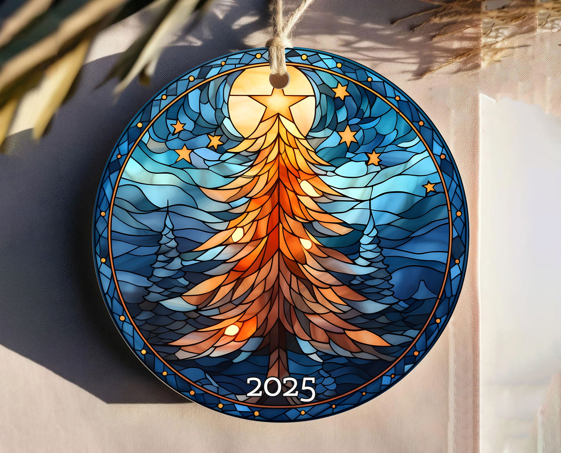 Christmas Tree Stained Glass Style Ceramic Ornament, Family Gift Exchanged, Holiday Decor