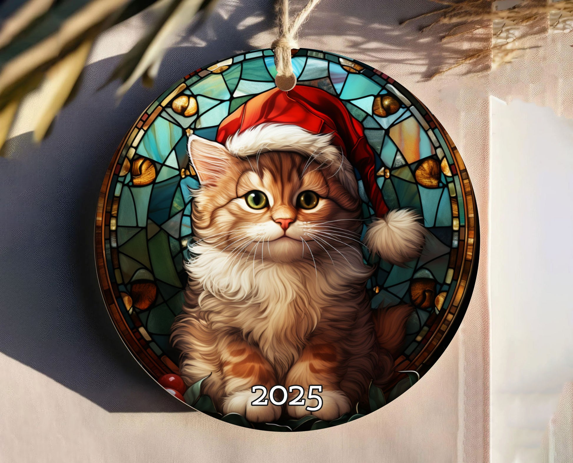 Merry Christmas Cat Stained Glass Ornament, 3D Ornament, Christmas Cat Decor, Cat Lover Cat Mom Gift