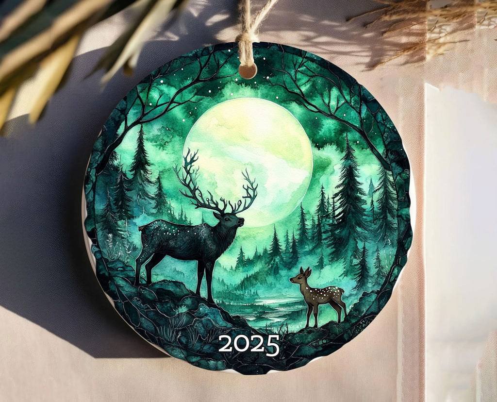 Moonlit Forest Deer Ornament 2025, Winter Scene Christmas Keepsake, Holiday Decor