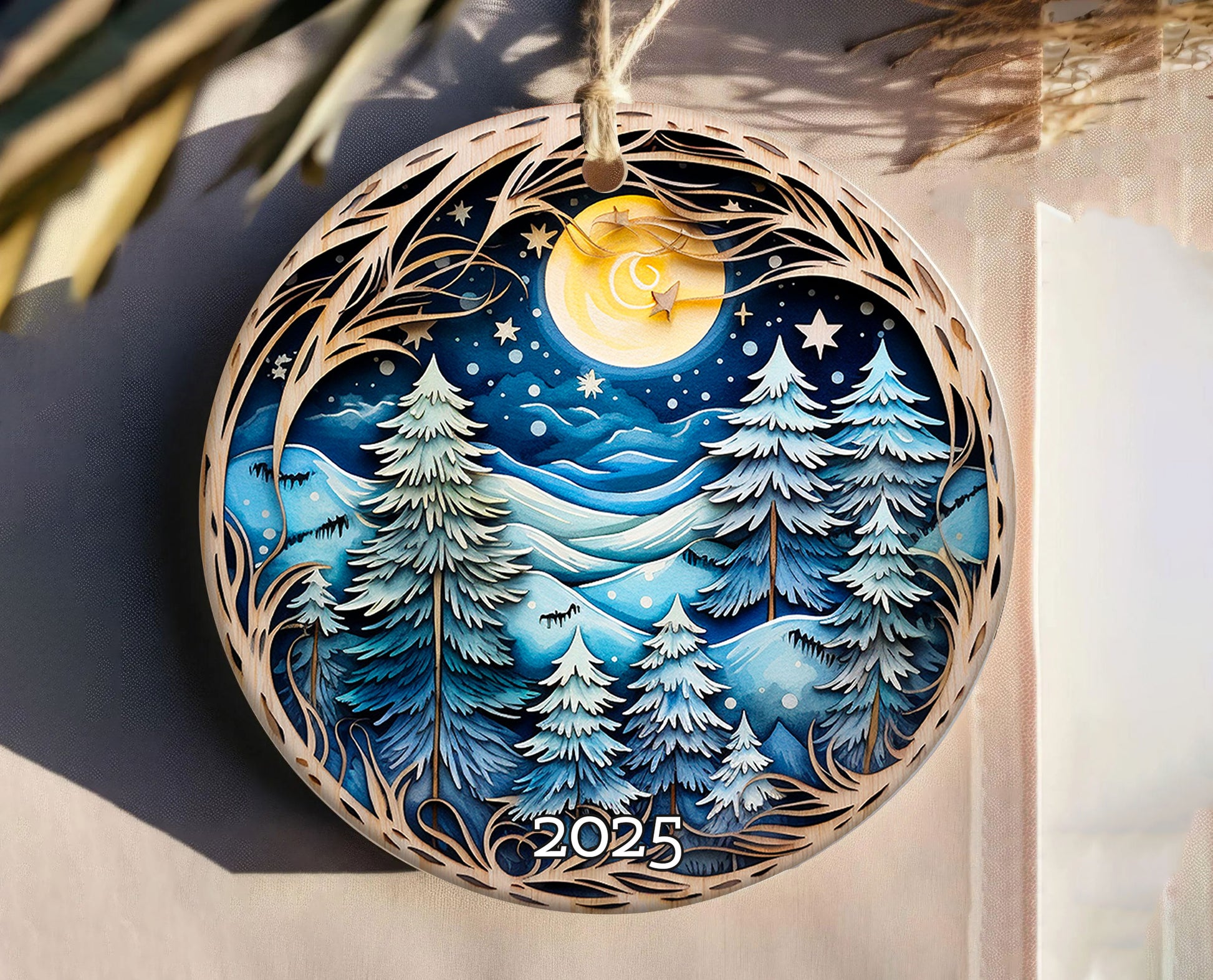 Christmas Night Winter Landscape Tree Decoration Ornament, Holiday Keepsake Gift for Nature Lovers