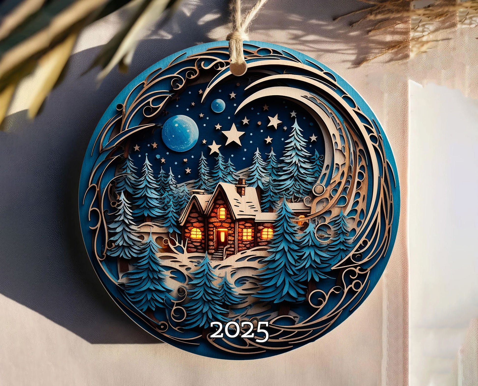 Cozy Cabin Christmas Ornament, Starry Sky Holiday Keepsake, Rustic Home Decor Gift for Nature Lovers