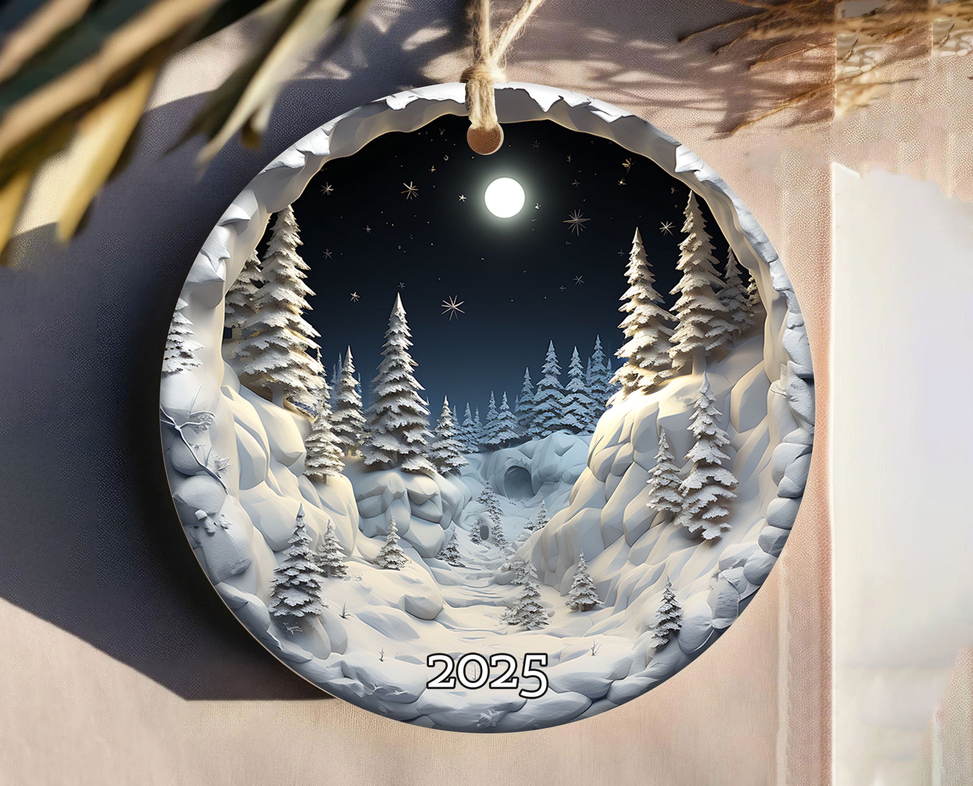 Snowy Forest Under Full Moon Serene Winter Ornament, Christmas Ornament 2025