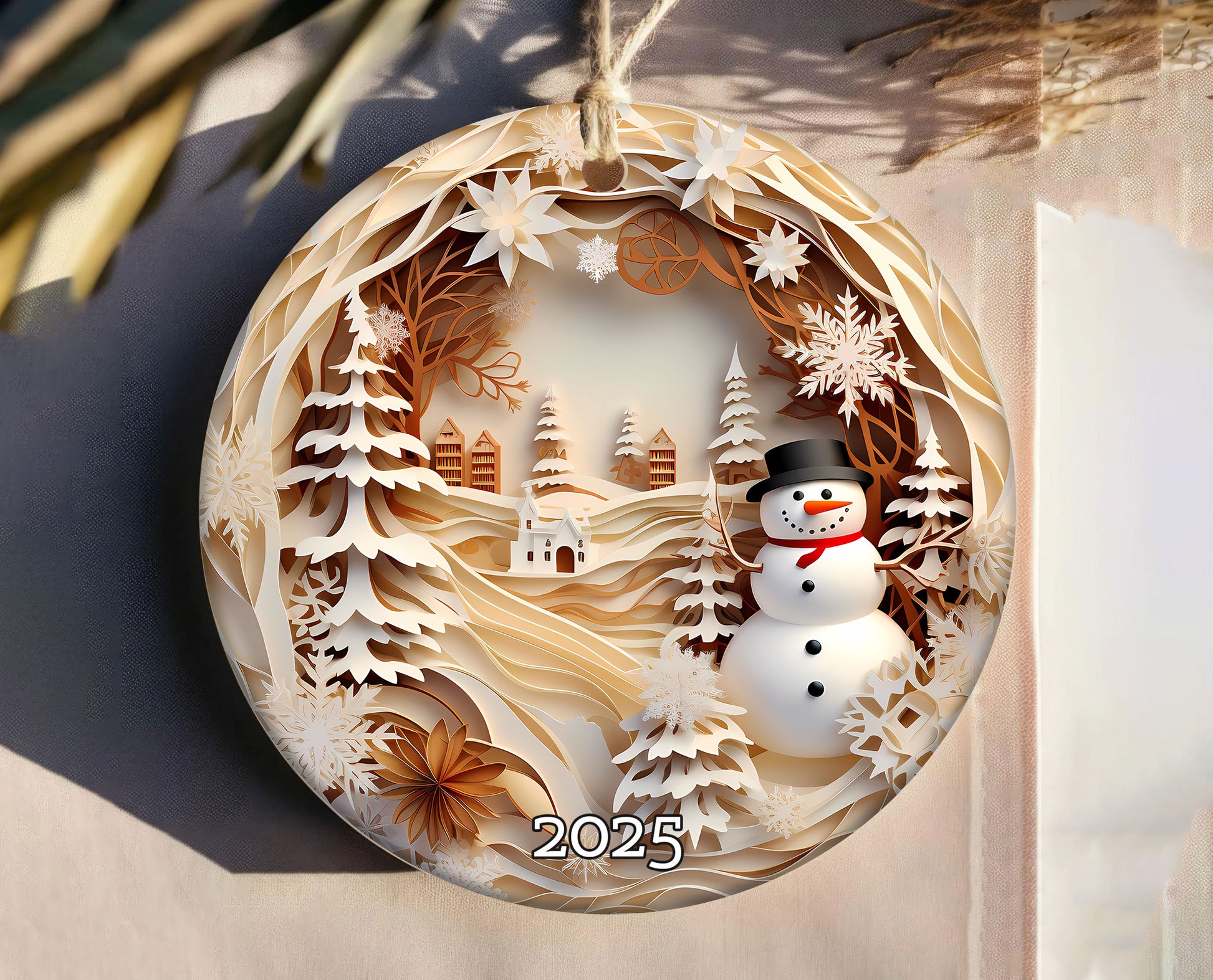 Snowman Village Scene Ornament,  Peaceful Winter Keepsake Gift, Tree Decoration Gift Idea