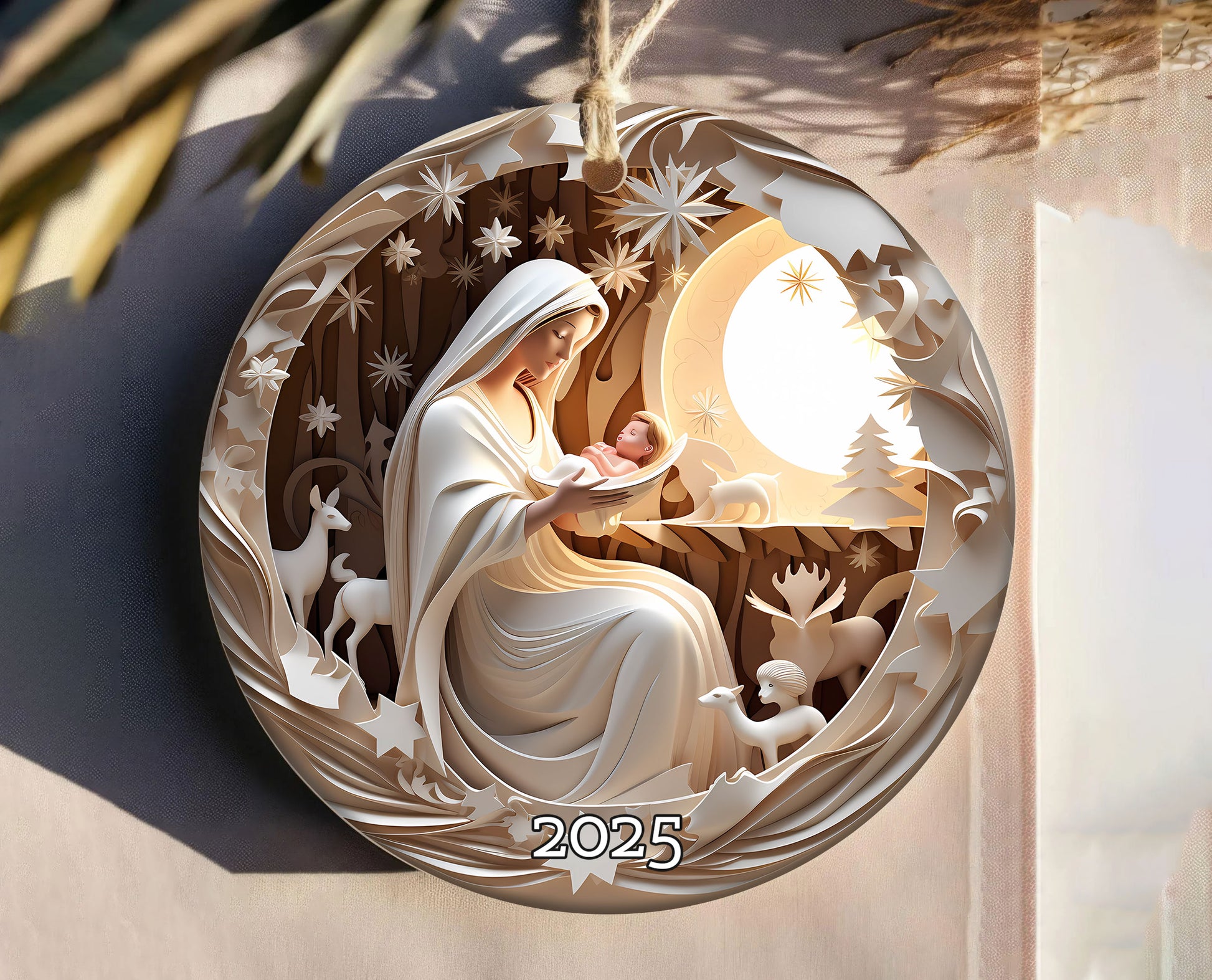 Nativity Ornament 3D Effect, White Nativity Scene Christmas Ornament