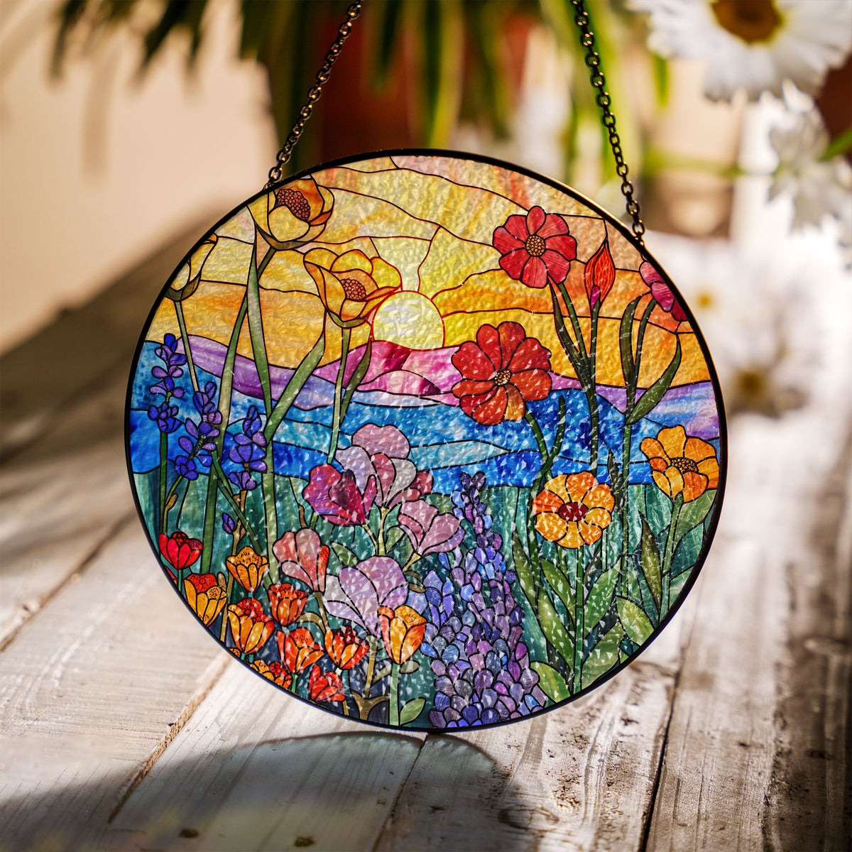 Wildflowers Sun catcher, Sunset Stained Glass Window Hangings, Wall Decor, Housewarming Gift