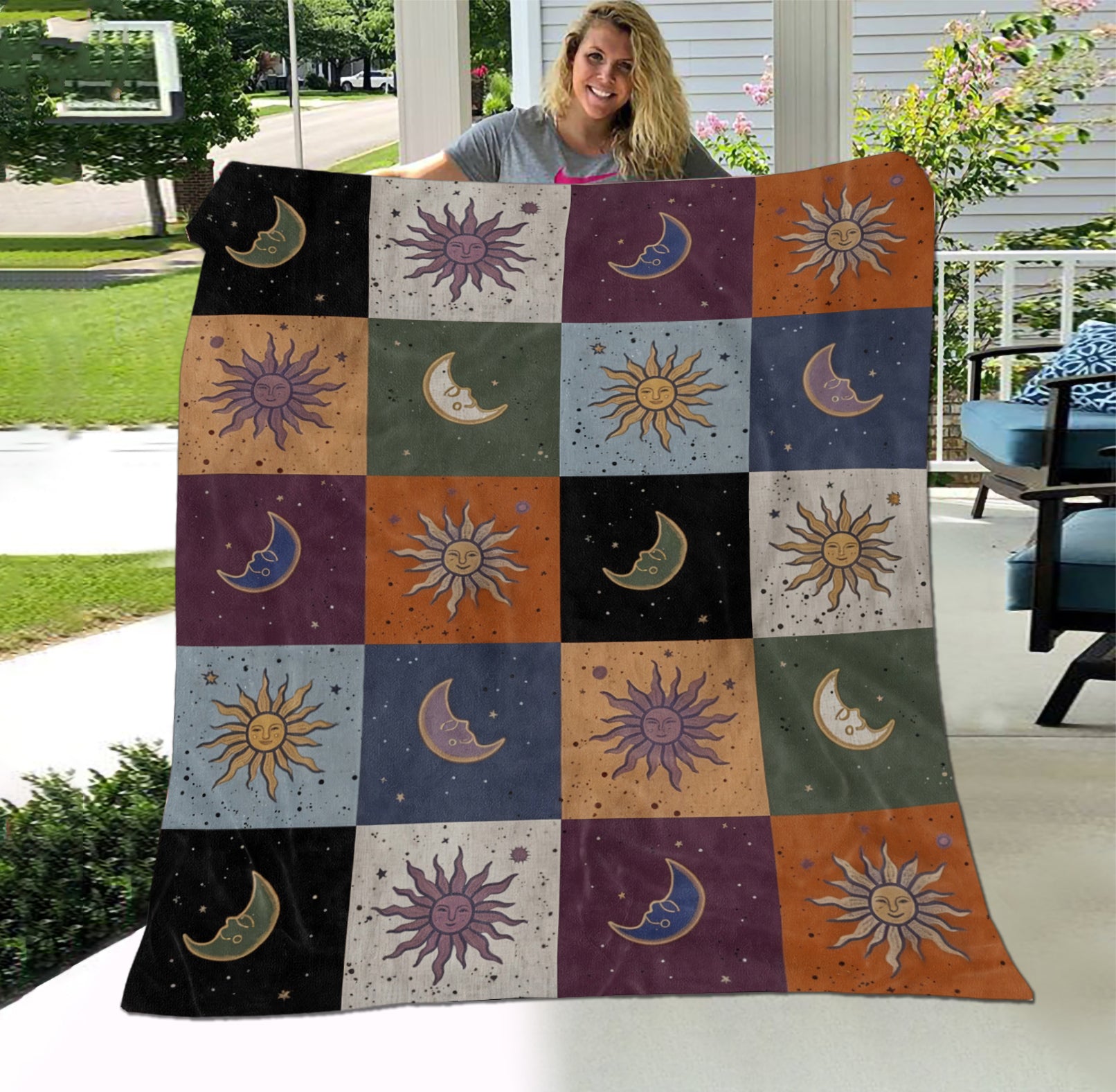 Mystic Sun Moon Boho Style, Celestial Checkerboard Throw Blanket