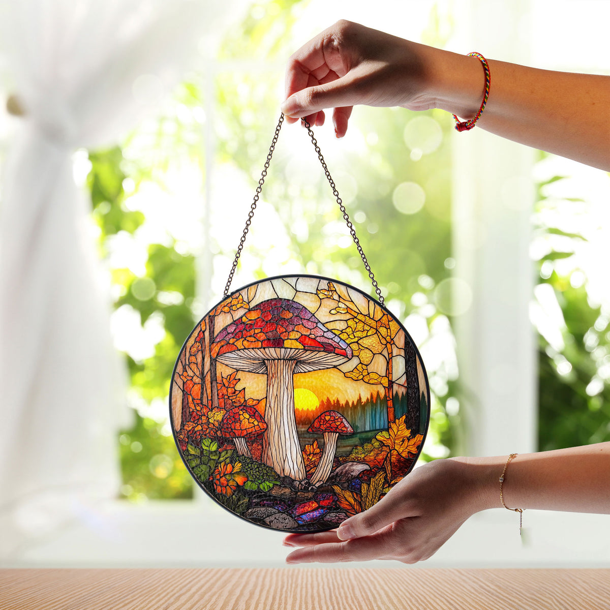 Sunset Mushroom Suncatcher, Window Stained Glass Style, Mushrooms for Home Decoration