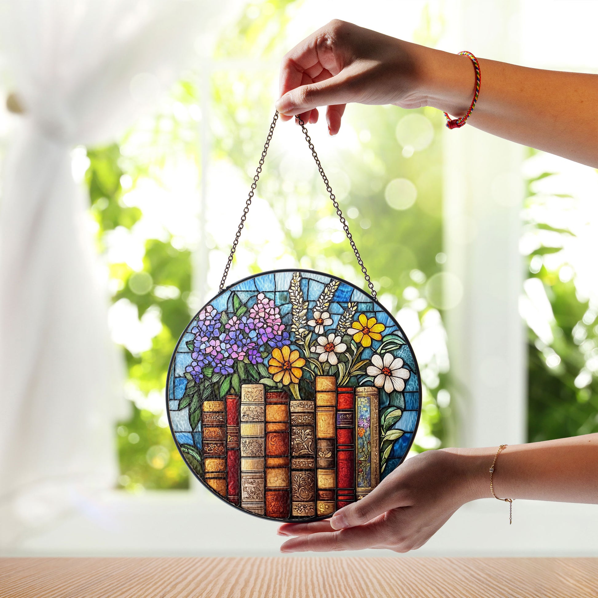Book Flower Window Stained Glass Style, Suncatcher Window Hanging, Bookish Gift