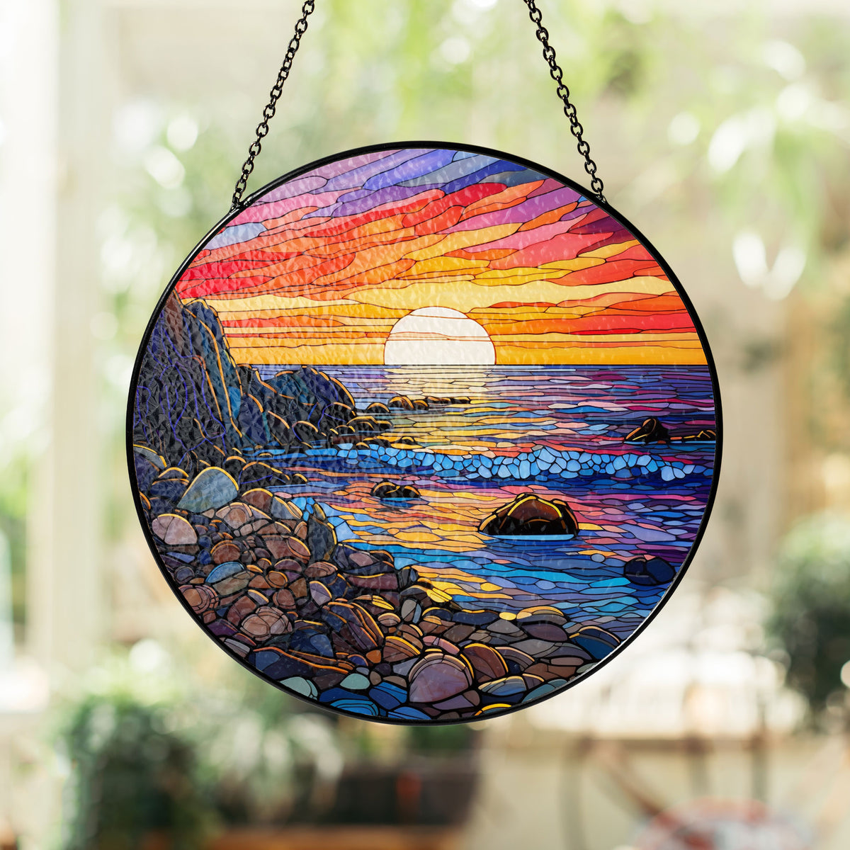 Waves on The Beach Suncatcher, Stained Glass Window Hanging, , Beach Lover House Wall Hanger