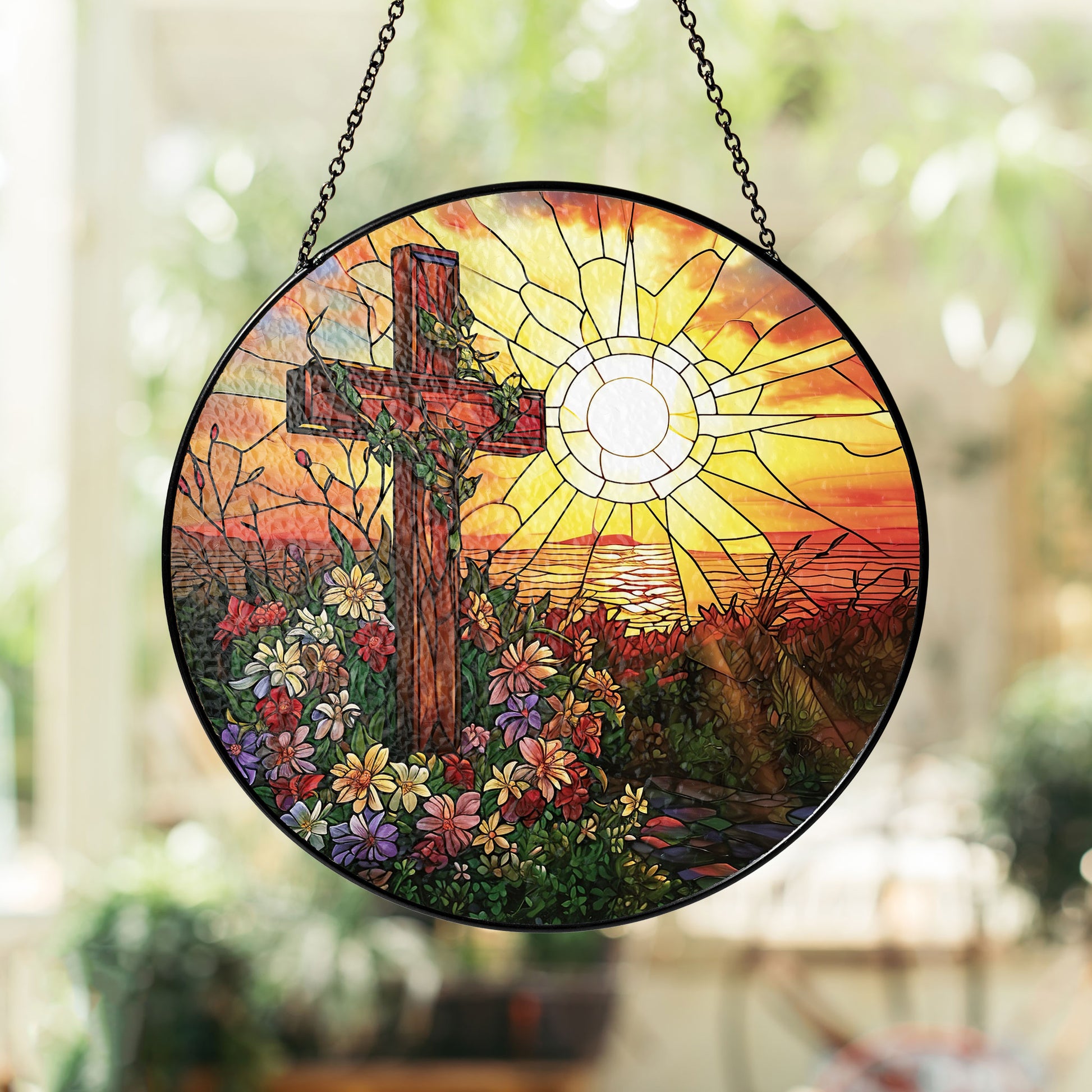 Cross Sunset Window Glass, Suncatcher Window Hanging