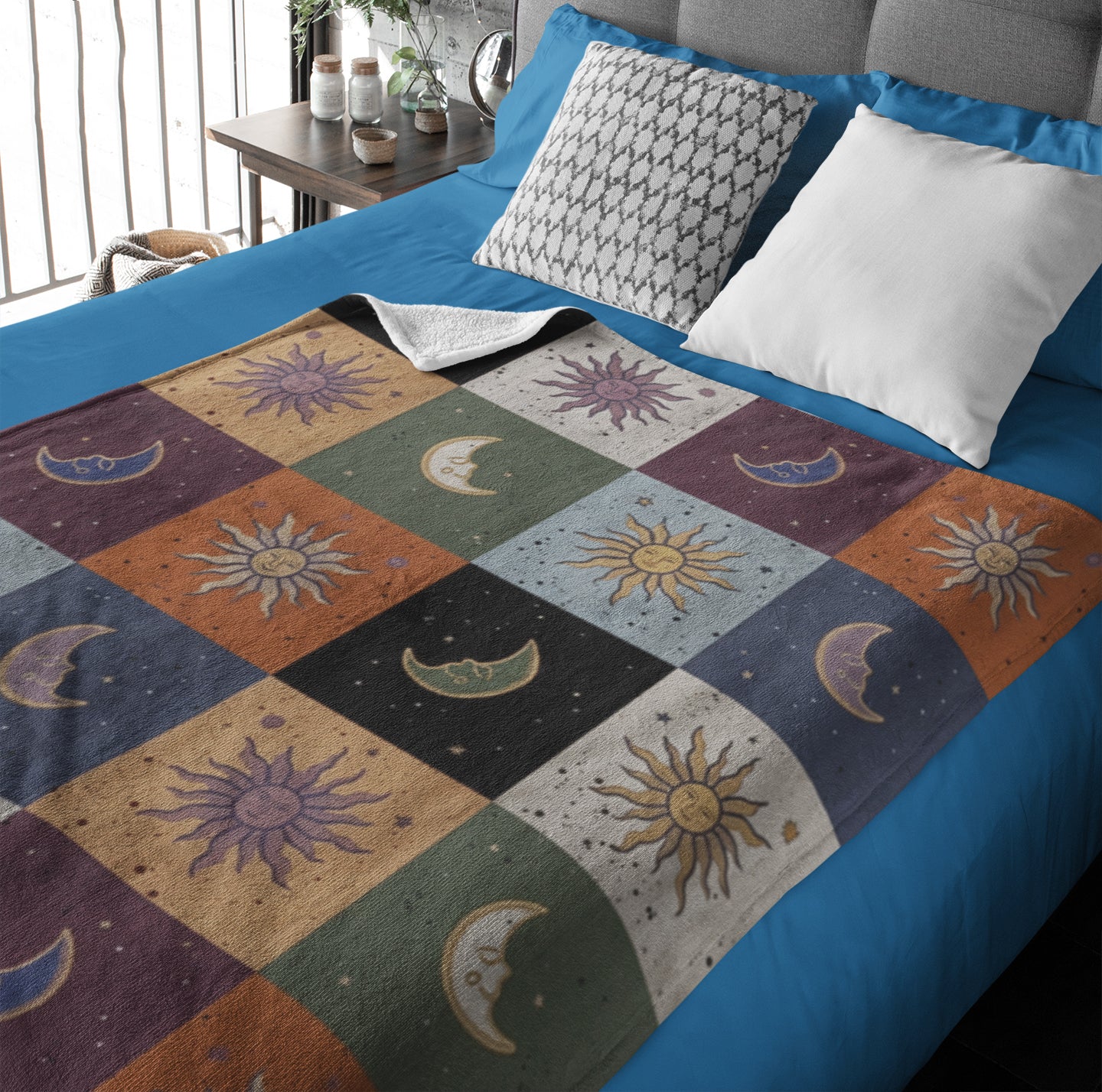Mystic Sun Moon Boho Style, Celestial Checkerboard Throw Blanket