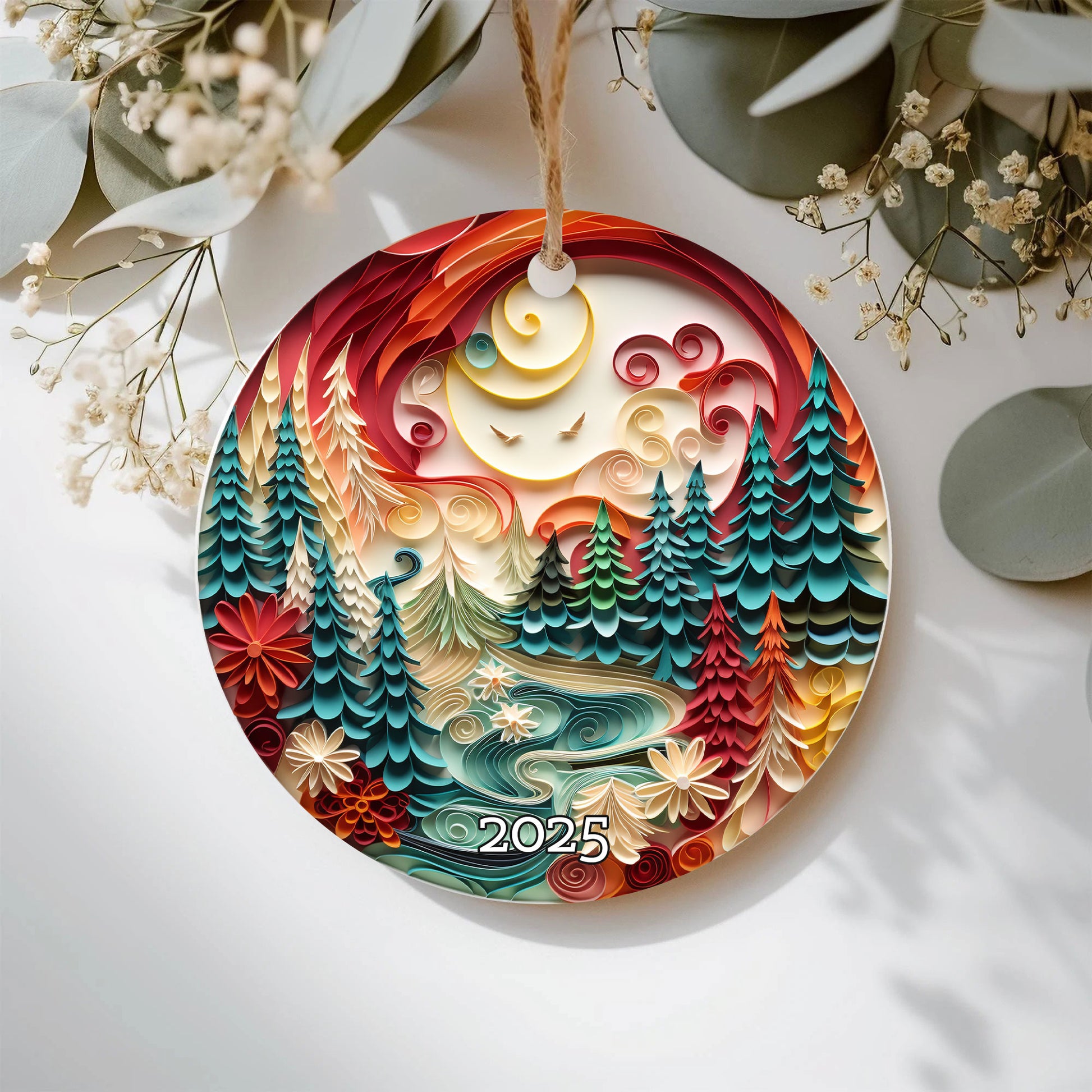 Vibrant Woodland Scene Artistic Christmas Ceramic Ornament