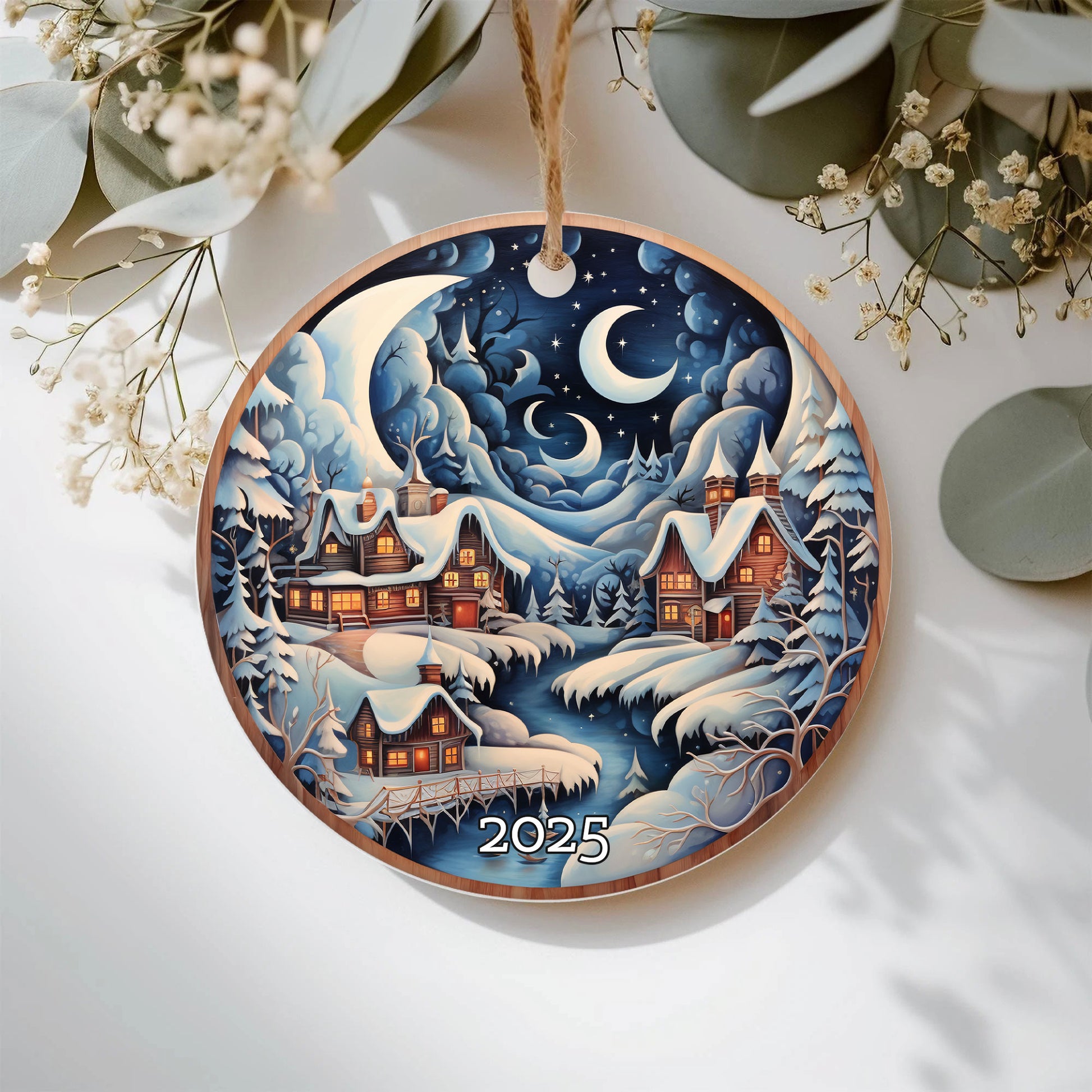 Snowy Village Under Moon and Stars Christmas Ornament