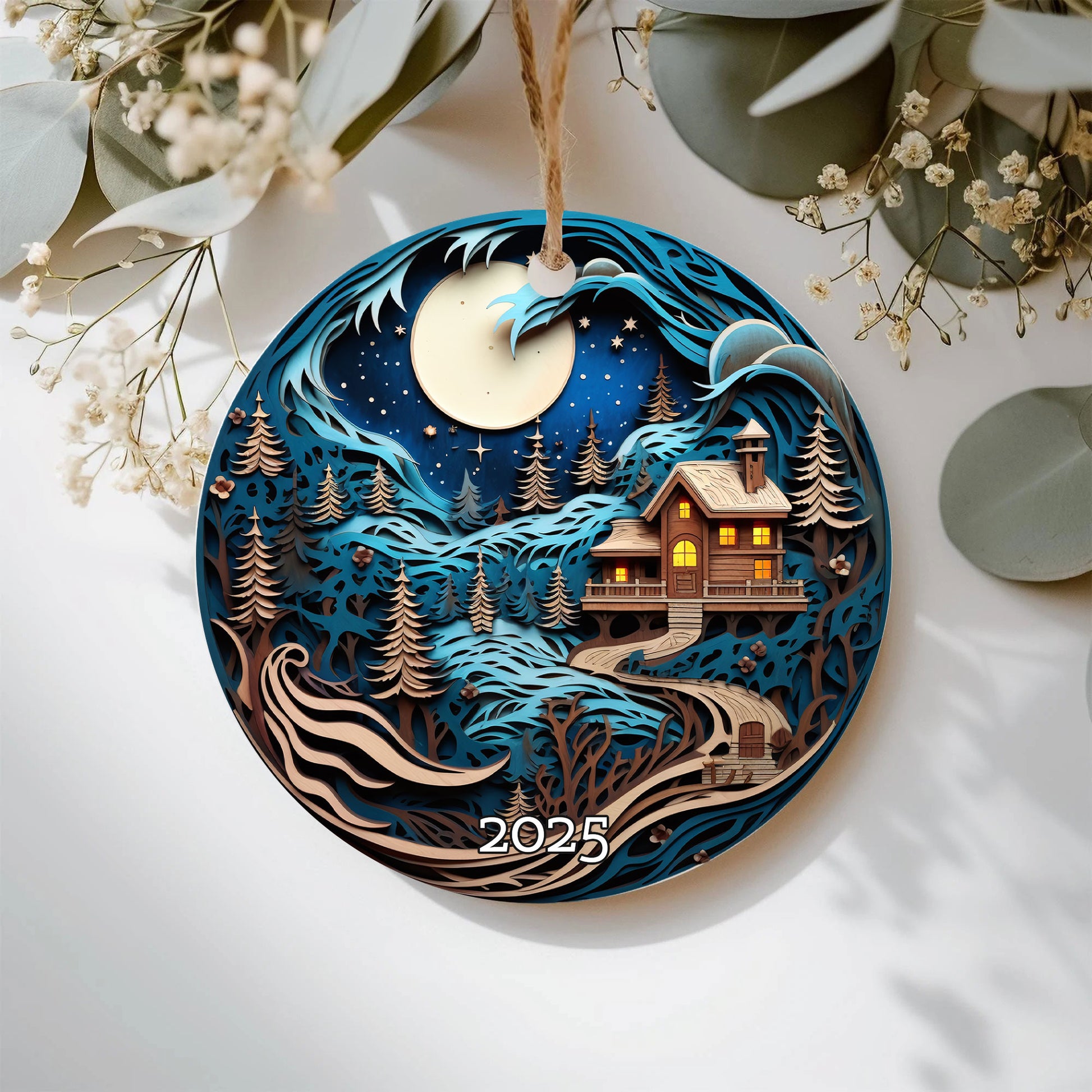 Moonlit Cabin in Snowy Forest Christmas Ornament, Holiday Decor