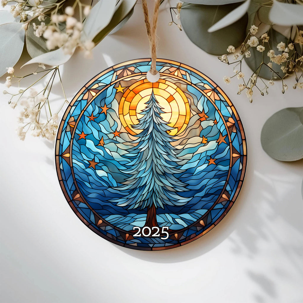 Christmas Tree Blue Tone Stained Glass Style Ceramic Ornament, Holiday Gift Exchanged