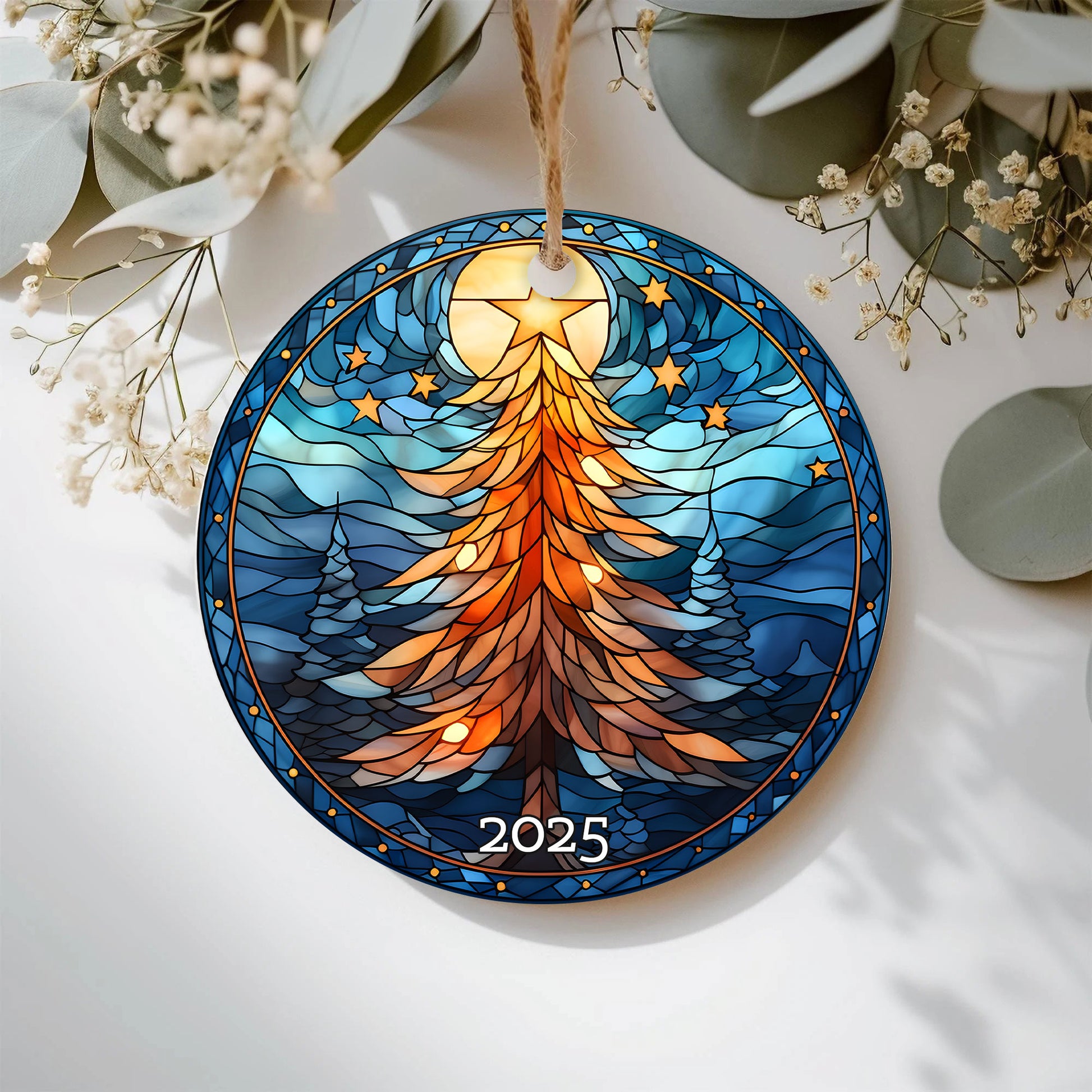 Christmas Tree Stained Glass Style Ceramic Ornament, Family Gift Exchanged, Holiday Decor
