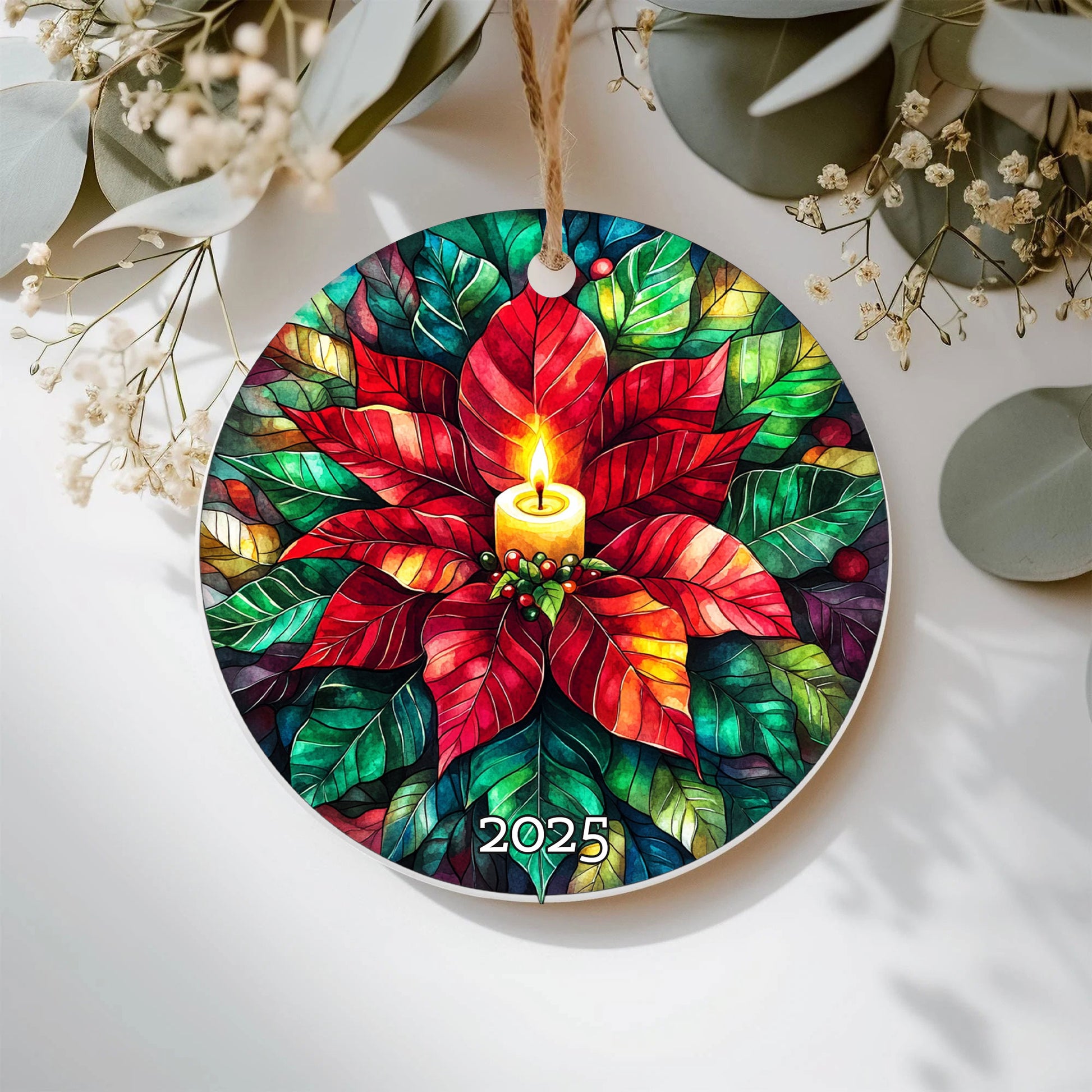 Stained Glass Poinsettia Candle Ornament, Colorful Christmas Keepsake, Festive Floral Holiday Decoration