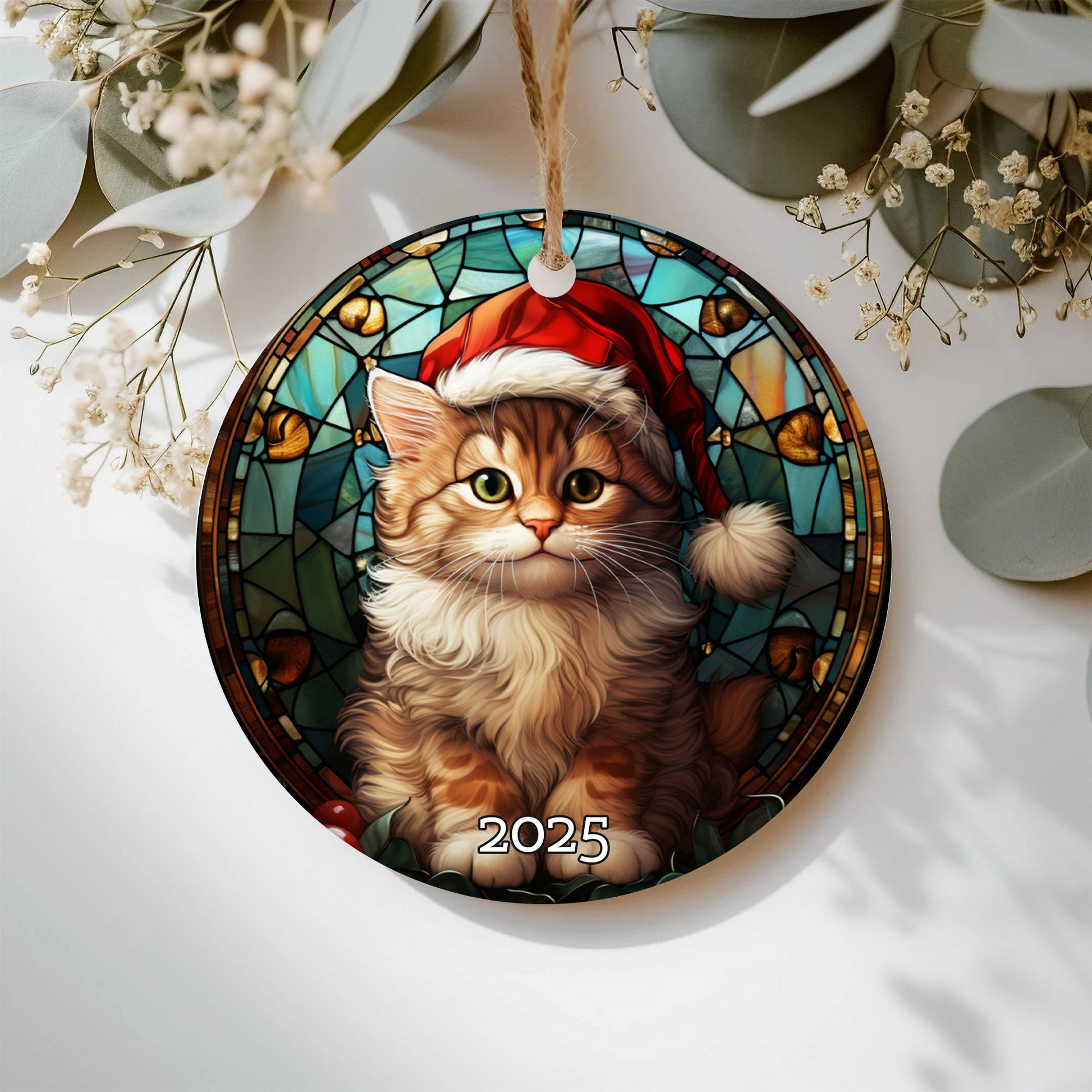Merry Christmas Cat Stained Glass Ornament, 3D Ornament, Christmas Cat Decor, Cat Lover Cat Mom Gift
