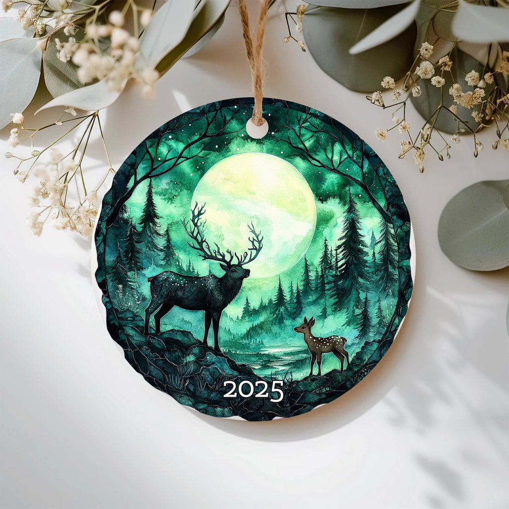 Moonlit Forest Deer Ornament 2025, Winter Scene Christmas Keepsake, Holiday Decor