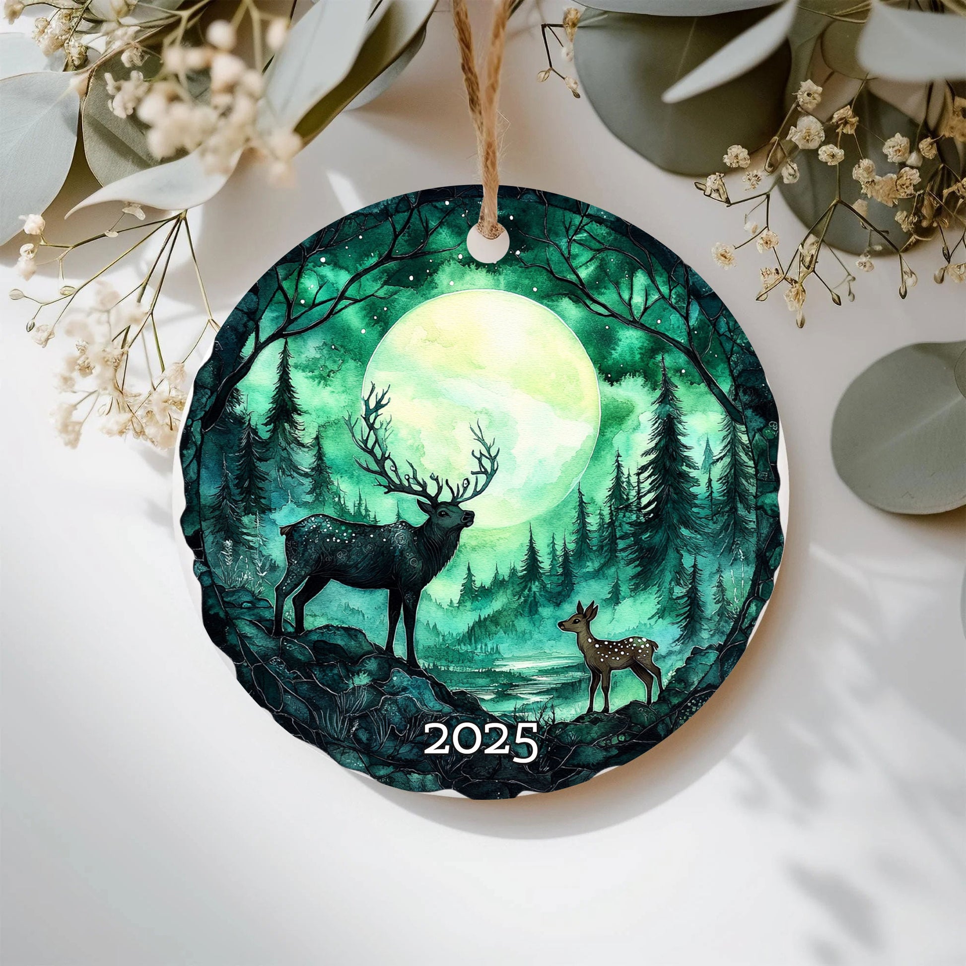 Moonlit Forest Deer Ornament 2025, Winter Scene Christmas Keepsake, Holiday Decor