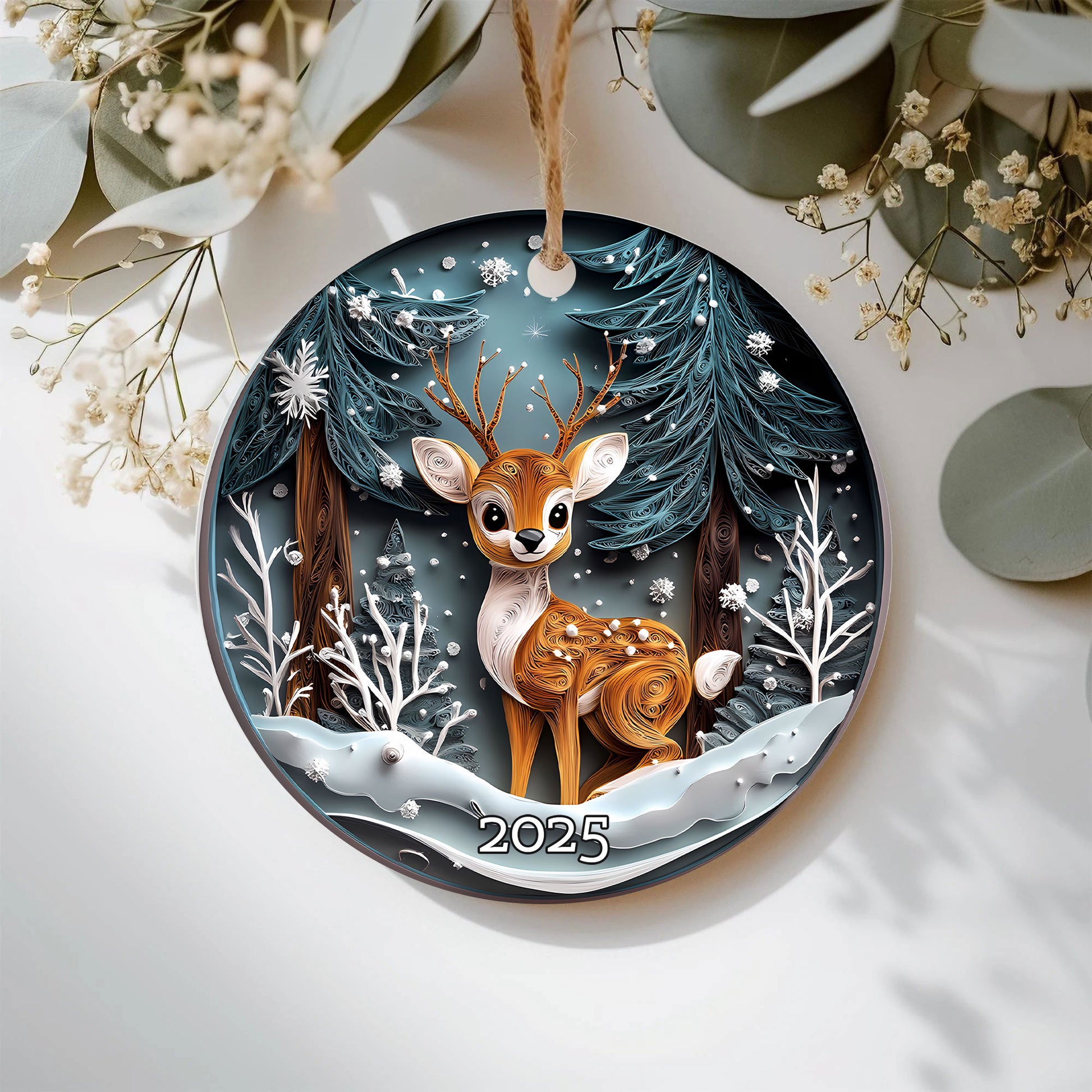 Winter Deer Woodland Ornament, Forest Animal Ornament, Christmas Ornament
