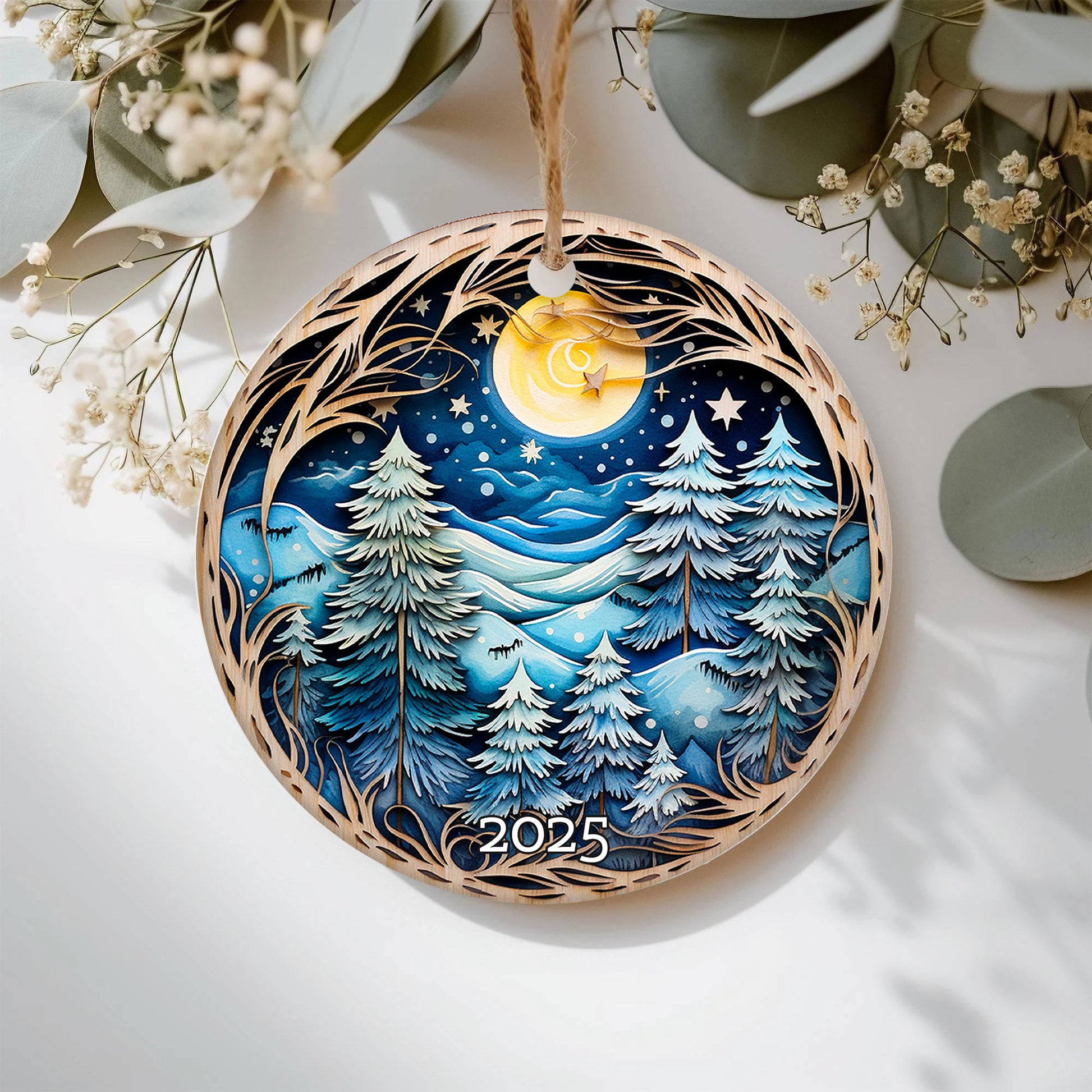 Christmas Night Winter Landscape Tree Decoration Ornament, Holiday Keepsake Gift for Nature Lovers