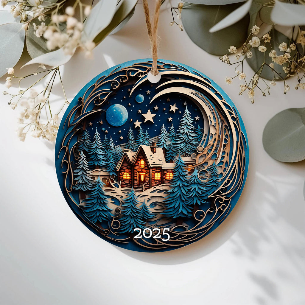 Cozy Cabin Christmas Ornament, Starry Sky Holiday Keepsake, Rustic Home Decor Gift for Nature Lovers