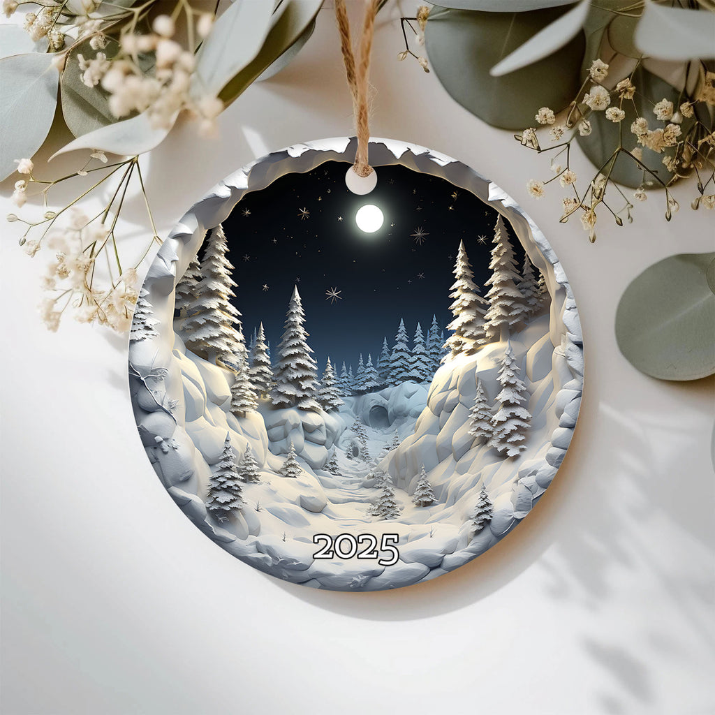 Snowy Forest Under Full Moon Serene Winter Ornament, Christmas Ornament 2025
