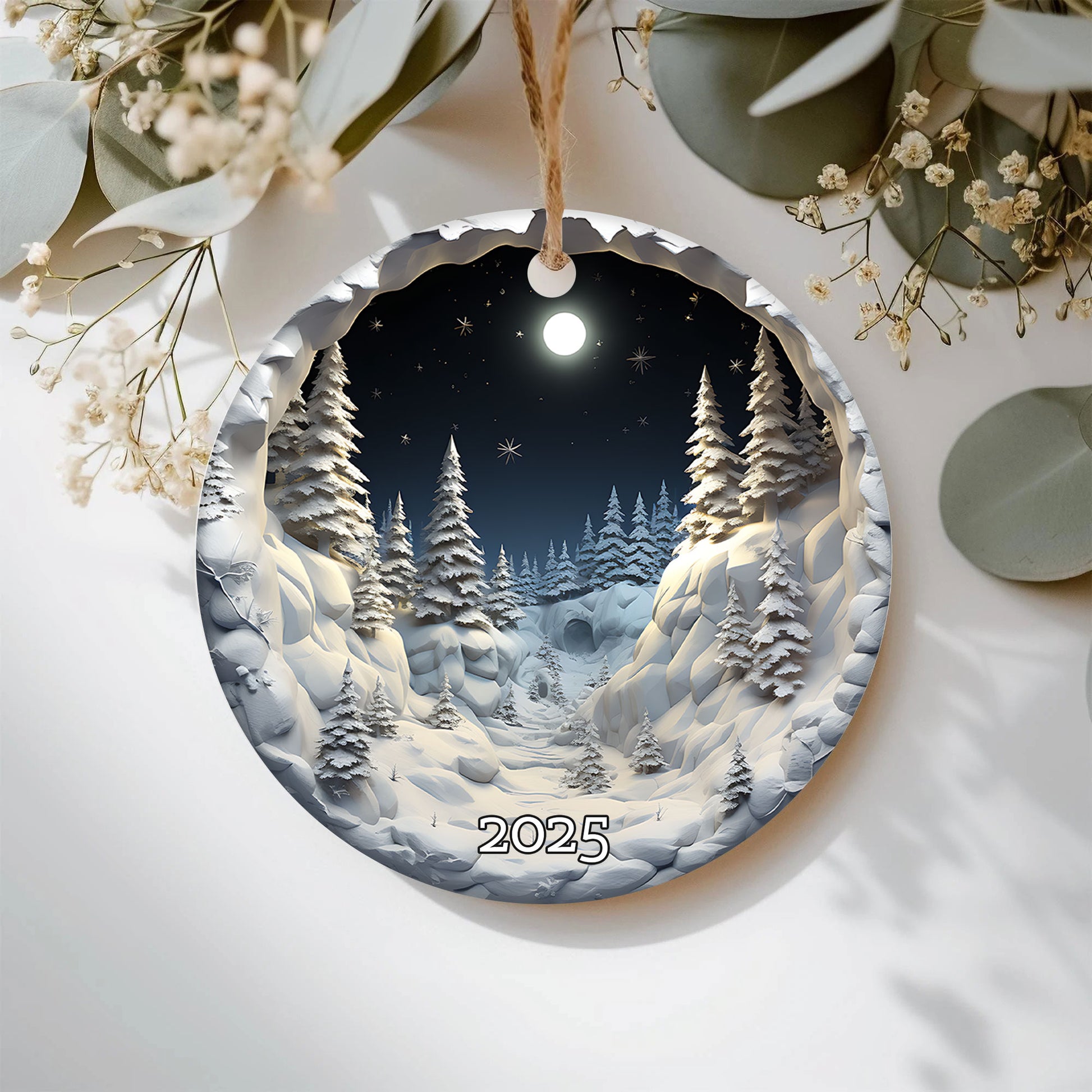 Snowy Forest Under Full Moon Serene Winter Ornament, Christmas Ornament 2025