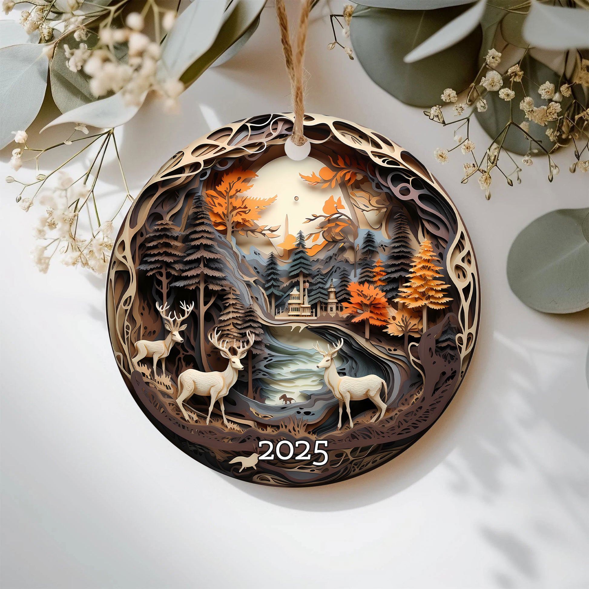 Winter Deer Scene Ornamen, Unique Keepsake for Rustic Holidays, Christmas Gift