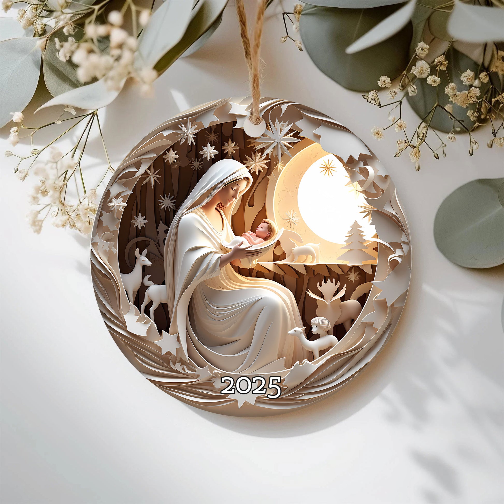 Nativity Ornament 3D Effect, White Nativity Scene Christmas Ornament