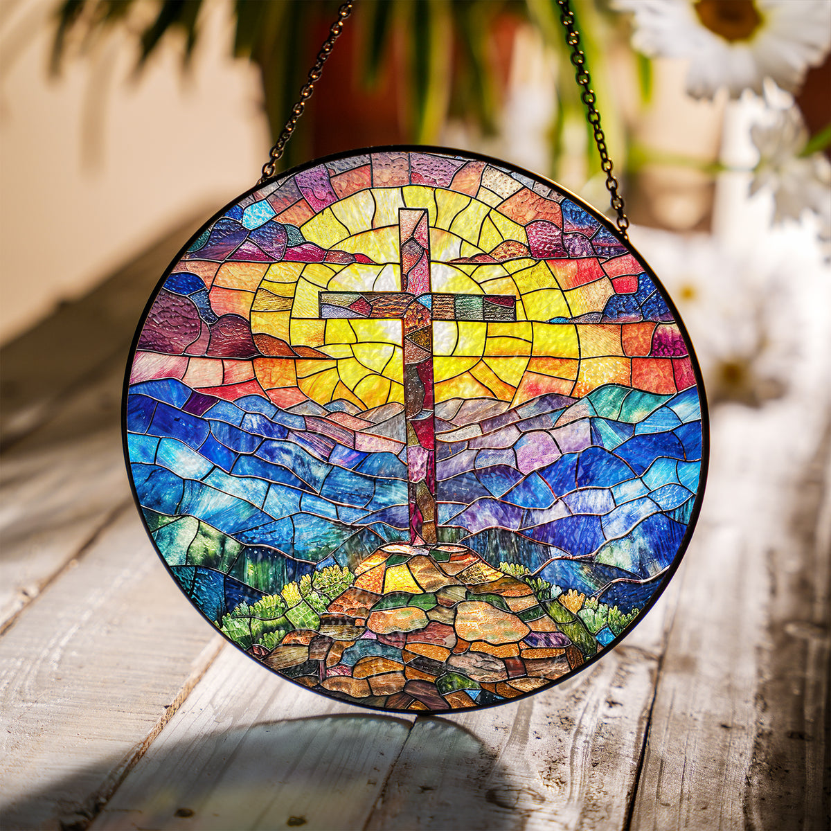 Cross Sunset Suncatcher, Stained Glass Window Hanging, , Faith Love House Wall Hanger