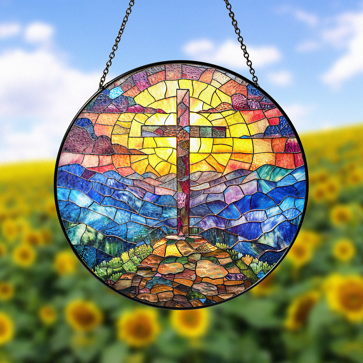 Cross Sunset Suncatcher, Stained Glass Window Hanging, , Faith Love House Wall Hanger