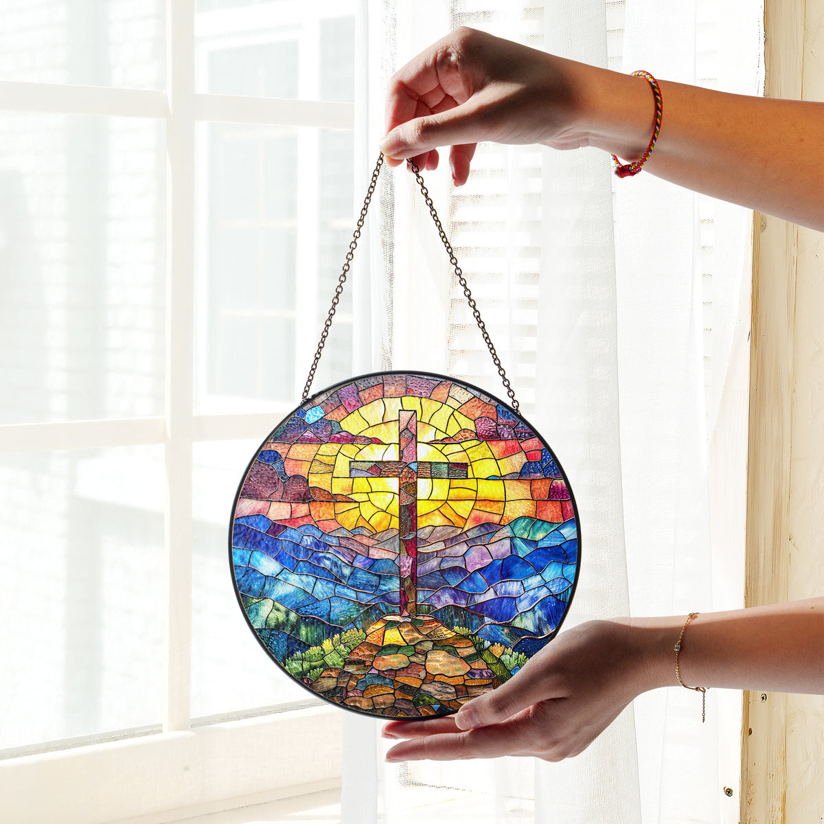 Cross Sunset Suncatcher, Stained Glass Window Hanging, , Faith Love House Wall Hanger