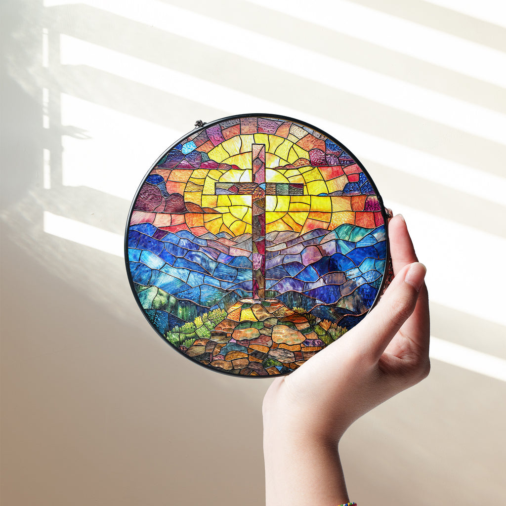 Cross Sunset Suncatcher, Stained Glass Window Hanging, , Faith Love House Wall Hanger