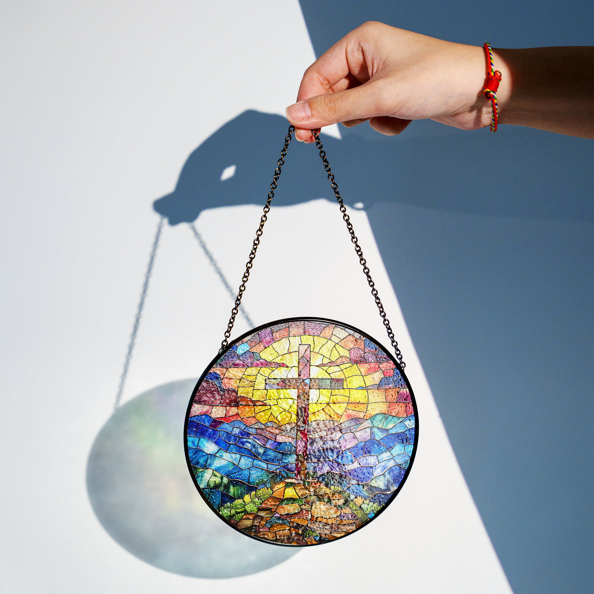 Cross Sunset Suncatcher, Stained Glass Window Hanging, , Faith Love House Wall Hanger