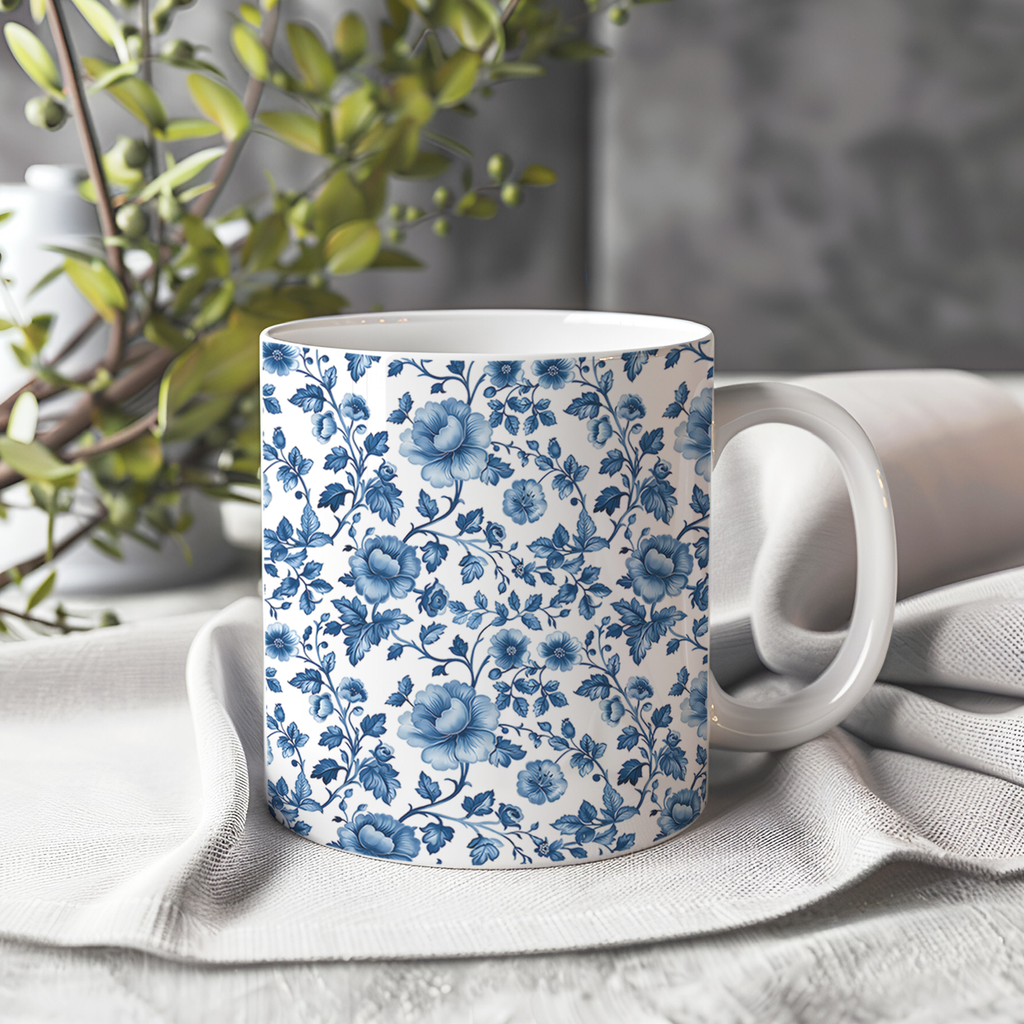 Blue Floral Mom Mug, Toile De Jouy Mug, Blue Flower Mug,Coffee Gift for Her, Mothers Day Gift Birthday Ceramic Mug, Dishwasher Safe Mug
