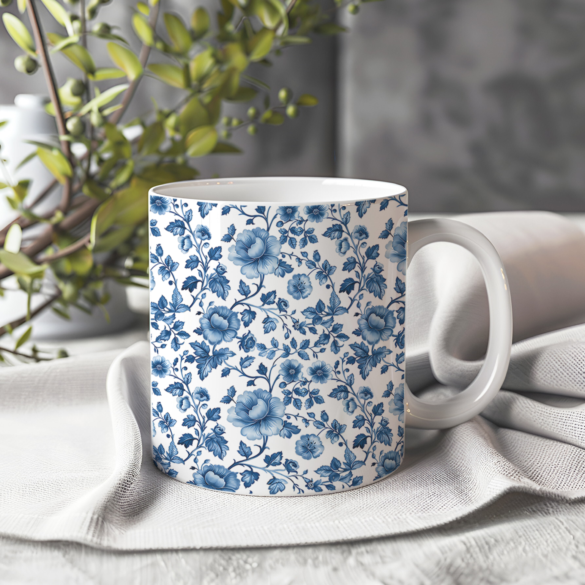 Blue Floral Mom Mug, Toile De Jouy Mug, Blue Flower Mug,Coffee Gift for Her, Mothers Day Gift Birthday Ceramic Mug, Dishwasher Safe Mug