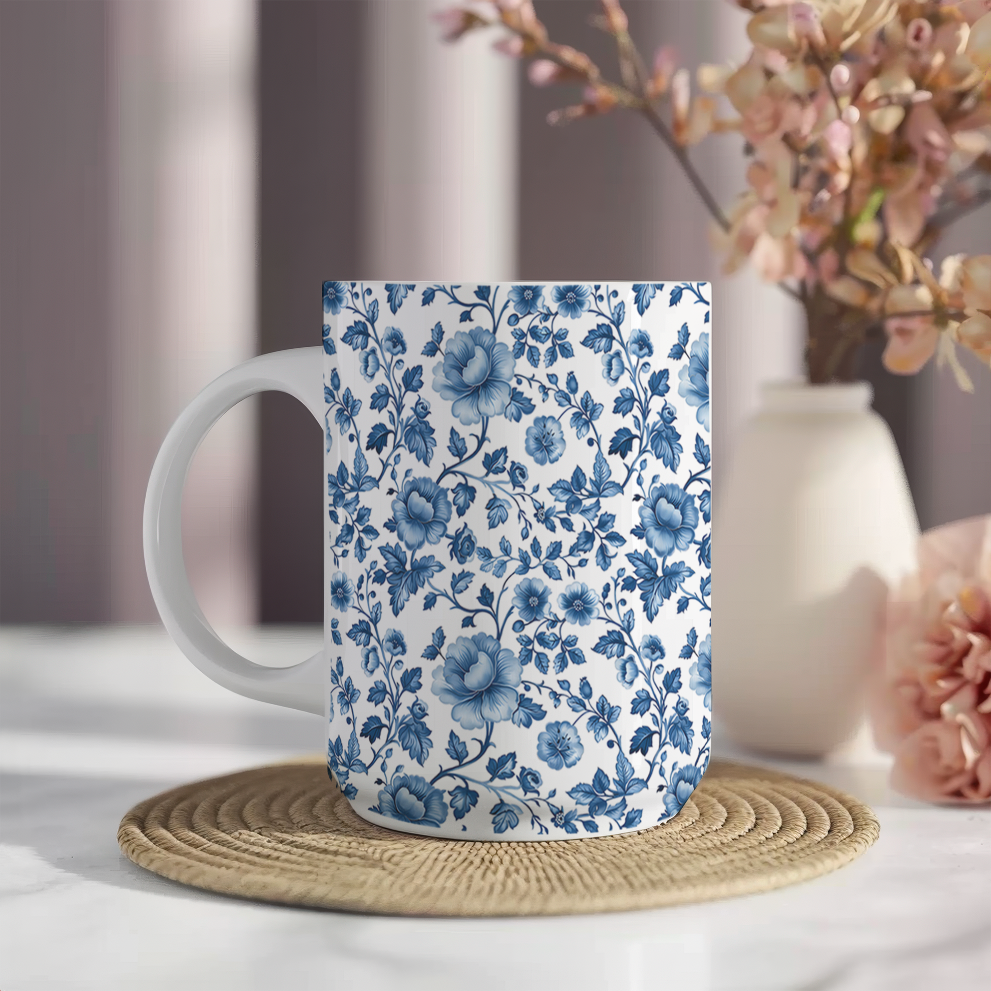 Blue Floral Mom Mug, Toile De Jouy Mug, Blue Flower Mug,Coffee Gift for Her, Mothers Day Gift Birthday Ceramic Mug, Dishwasher Safe Mug