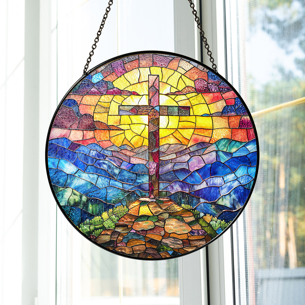Cross Sunset Suncatcher, Stained Glass Window Hanging, , Faith Love House Wall Hanger